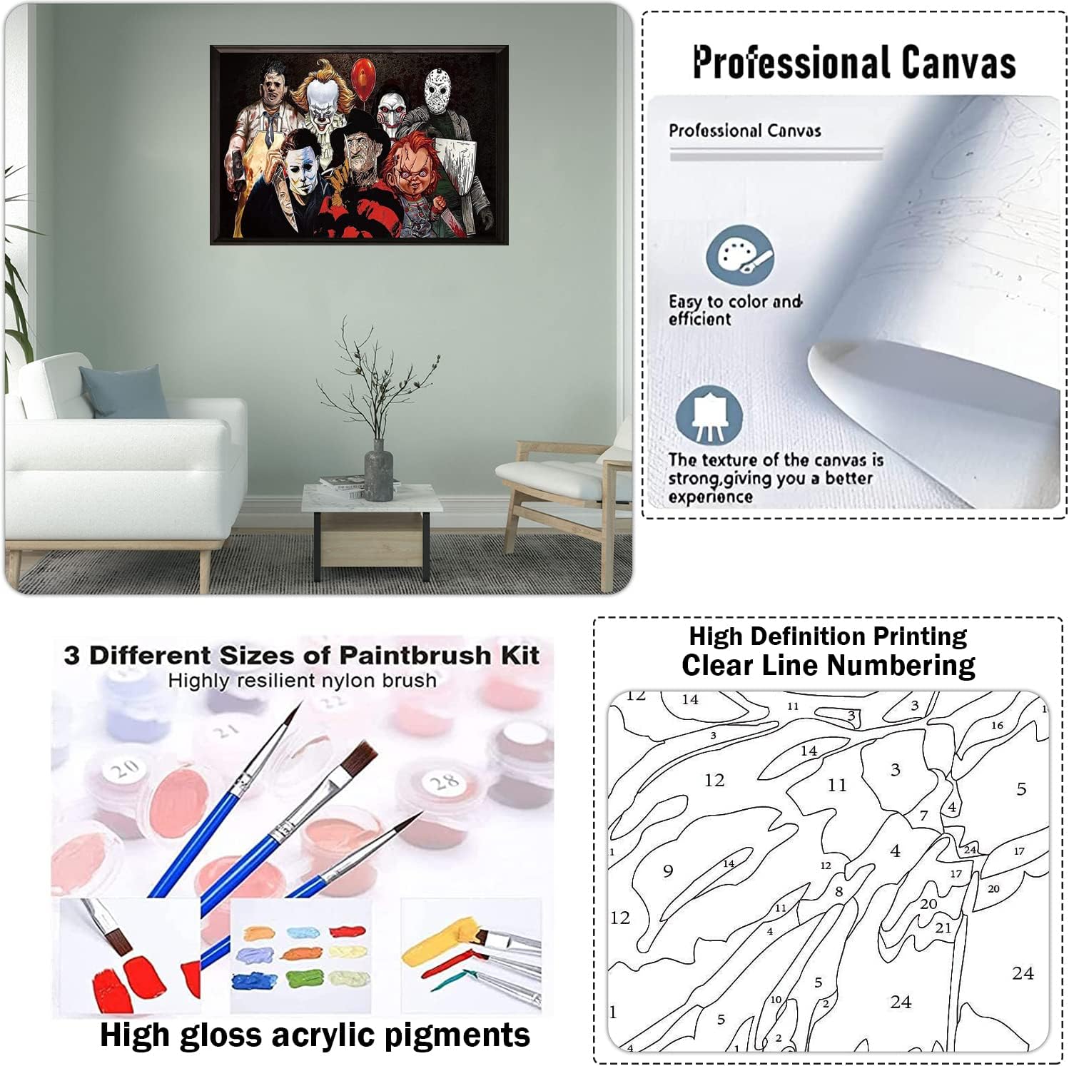 Pintura de terror grande por números para adultos, kits de pintura acrílica de Halloween para adultos por números sobre lienzo, 16 x 24 pulgadas,
