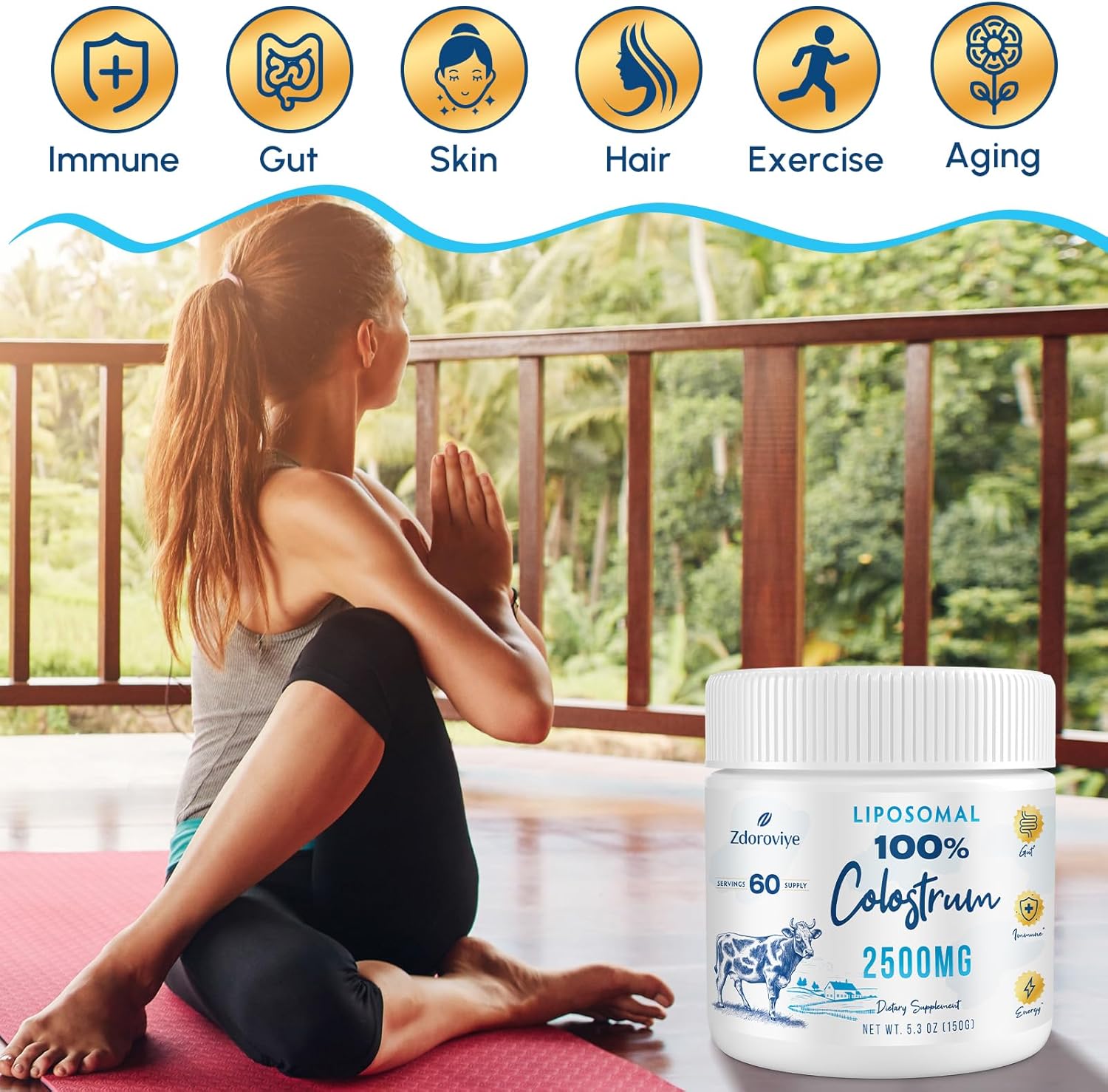Suplemento en polvo de calostro bovino liposomal, 2500 mg, de vacas alimentadas con pasto, alta absorción que el calostro bovino regular para