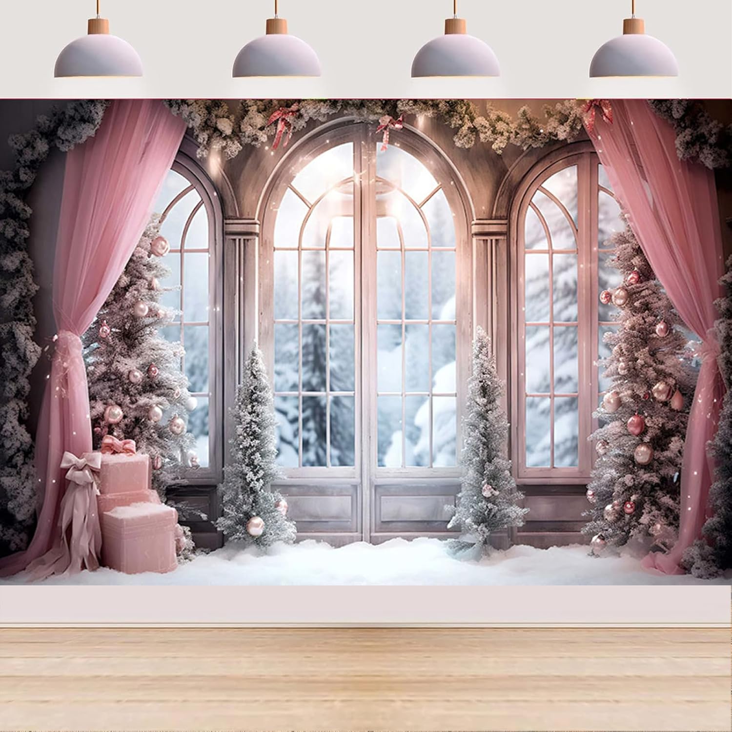 Cortina rosa de invierno, fondo fotográfico de Navidad, invierno, nieve, bosque, ventana, fondo de fotografía, decoración de fiesta familiar, baby
