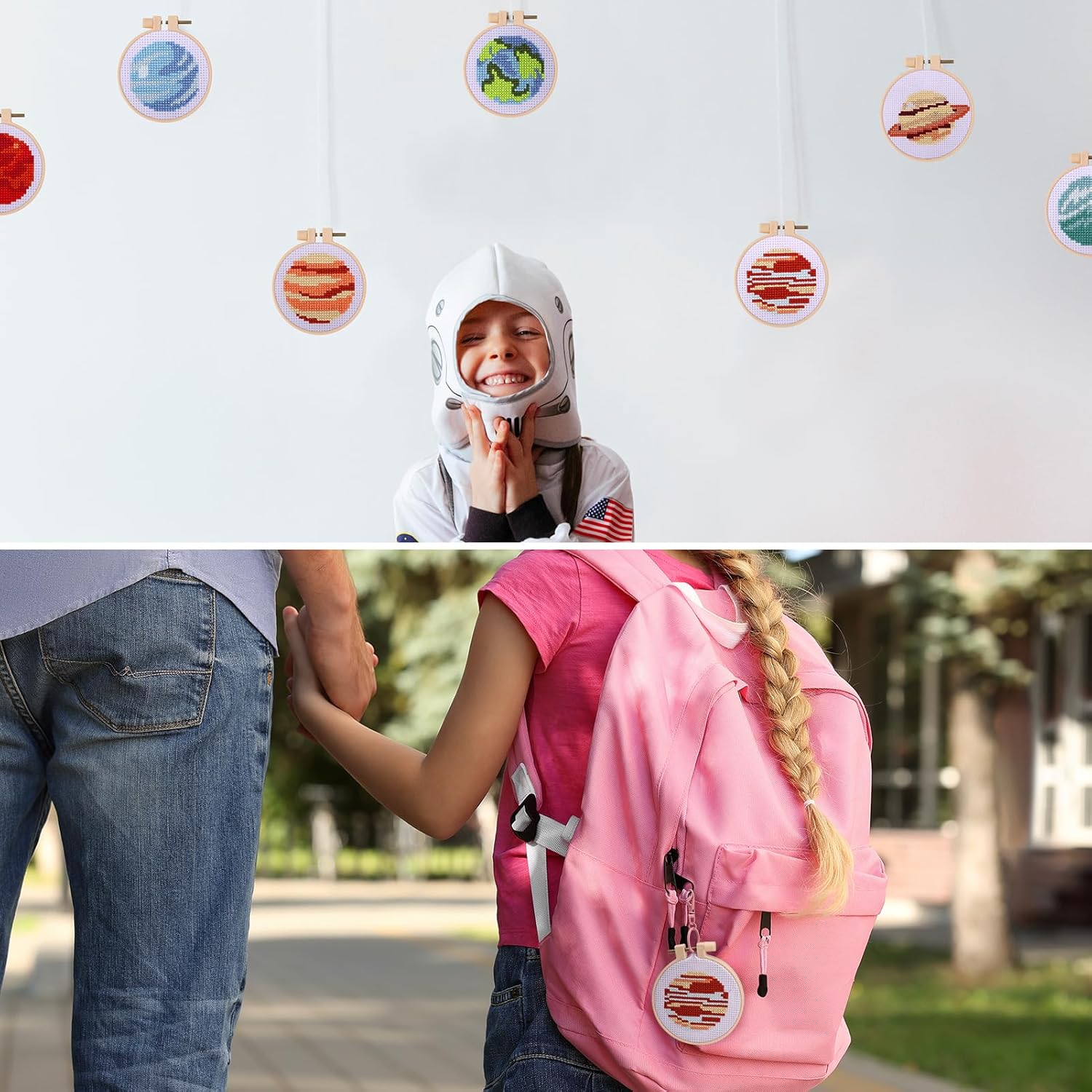 XEmbro 8 kits de punto de cruz para principiantes, kit de bordado para niños del sistema solar, suministros de manualidades de punto de cruz