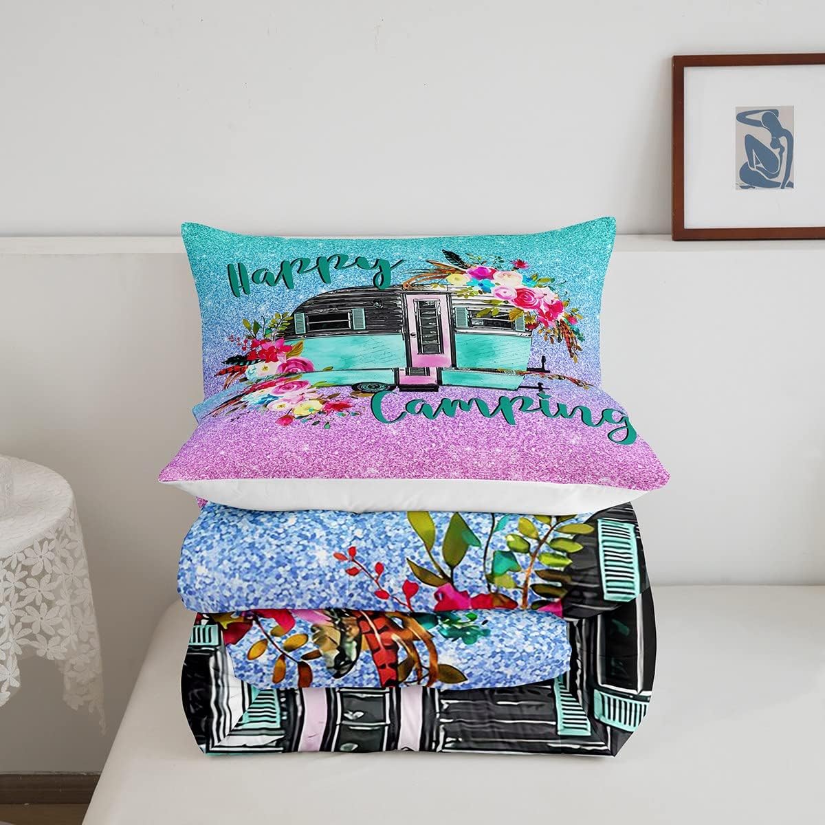 Edredón de cama para niños y niñas, juego de edredón de caricaturas para caravana, diseño de caricaturas, flores y lentejuelas en acuarela para