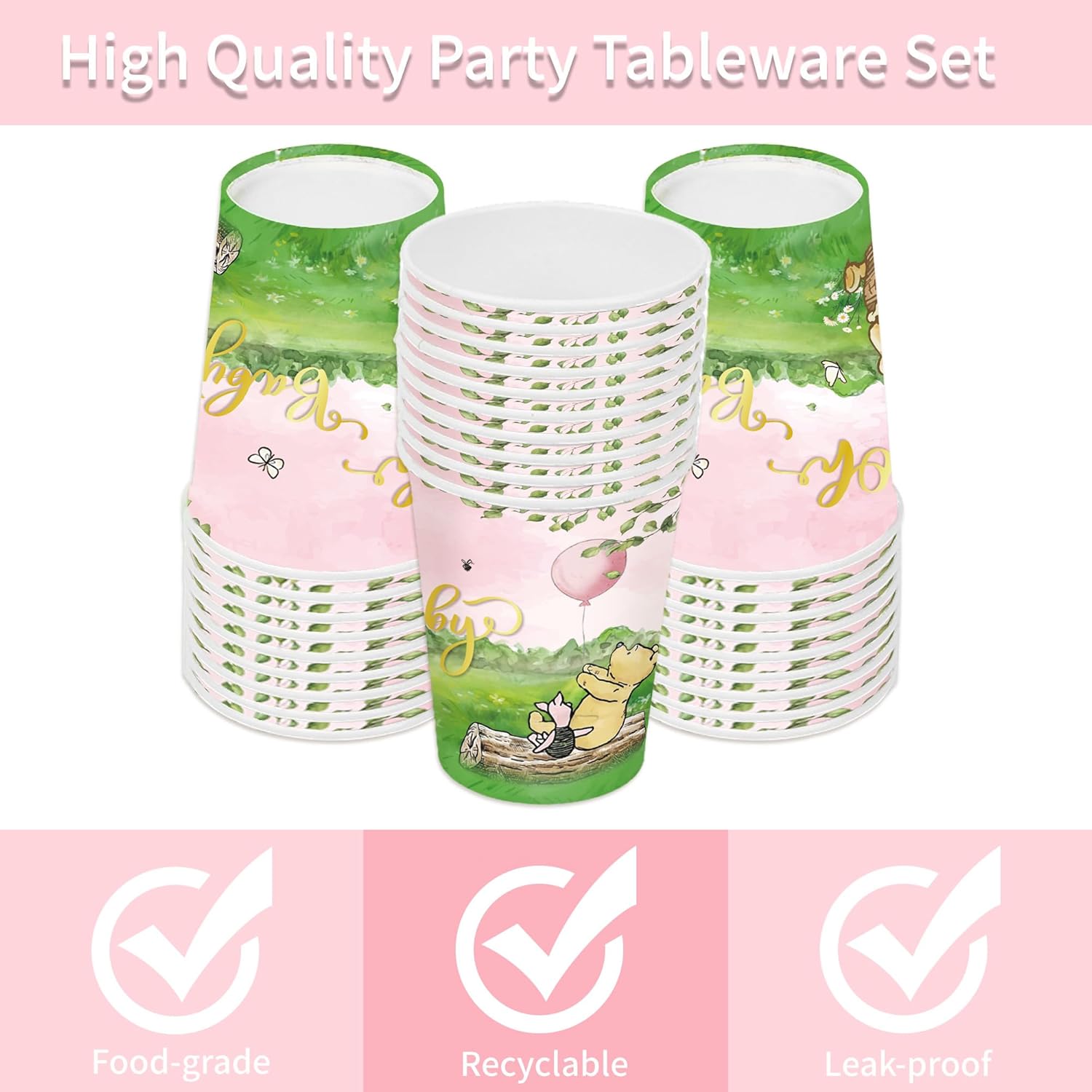 120 piezas de decoración de baby shower, platos Pooh para niñas, suministros para fiesta de cumpleaños, tazas de oso vintage, juego de vajilla de