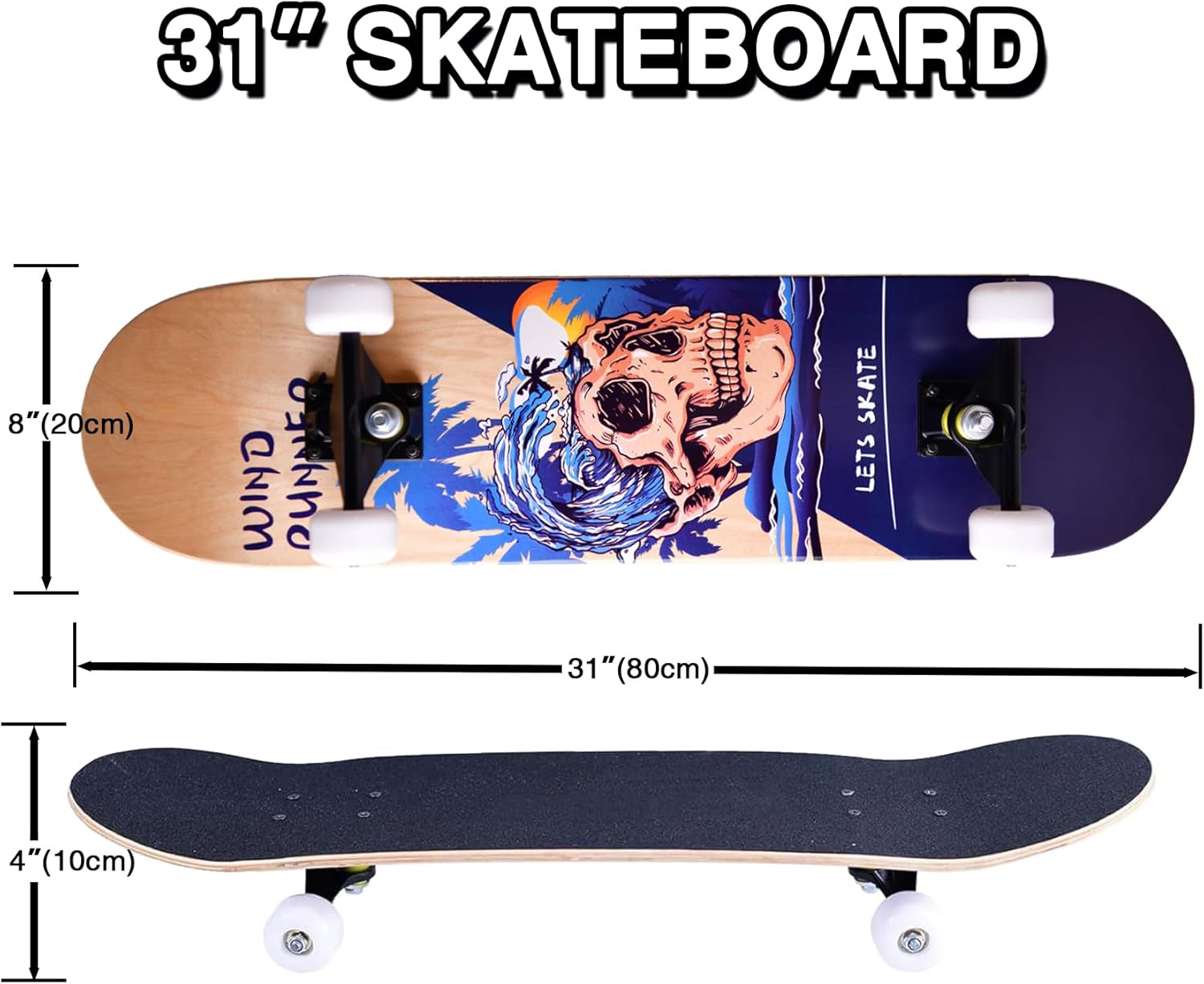Patinetas para principiantes, niños, niñas, adolescentes y adultos, patinetas estándar completas de 31 pulgadas con diseño de unicornio y calavera