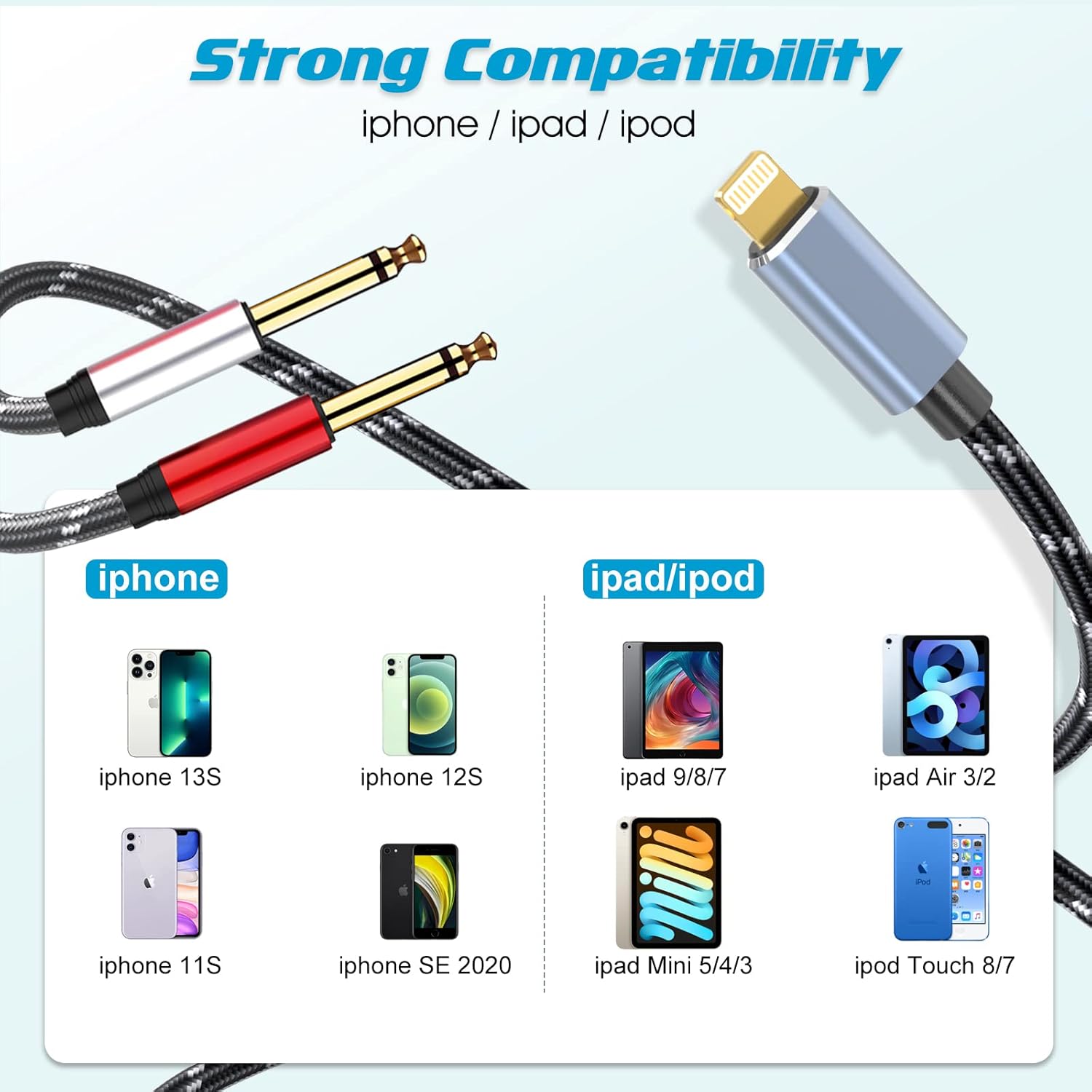 Lightning a Dual 0.250 in 14″ TS Mono Stereo Y-Cable Divisor Lightning a Cable de audio dual de 14 de pulgada compatible con iPhone1211XXSXR87iPad,