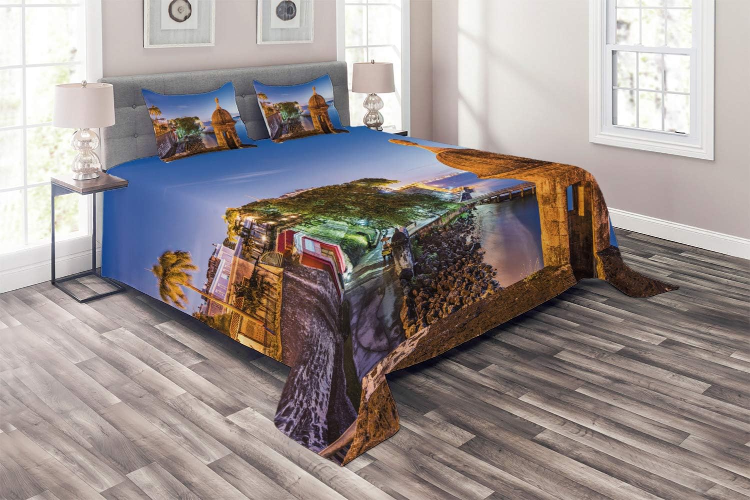 Lunarable Puerto Rico Coverlet, Coast at Paseo de la Princesa Retro Style Architectural Elements Photography, 3 Piece Decorative Quilted Bedspread