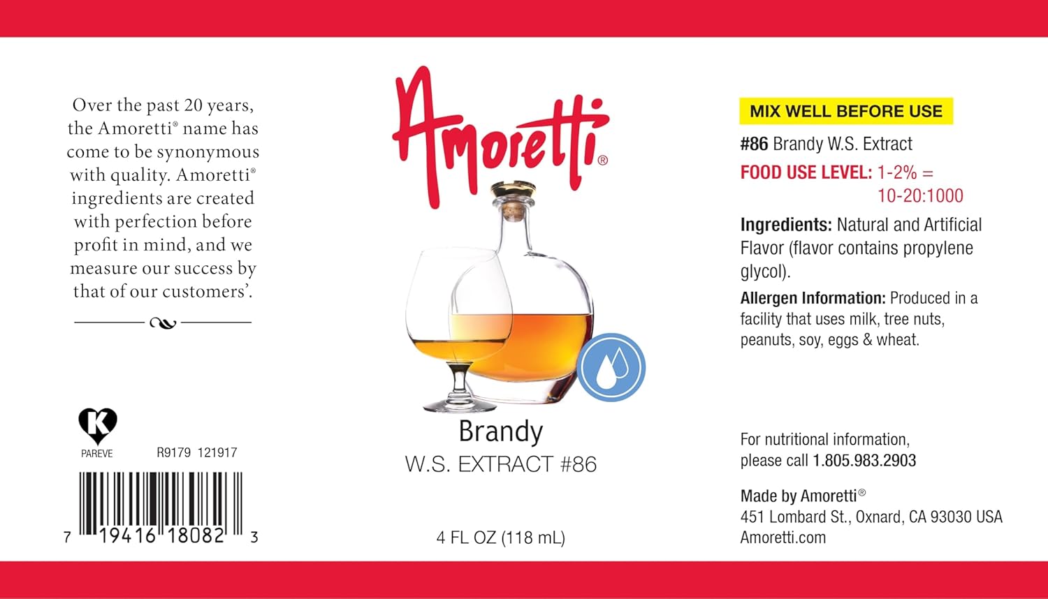 Amoretti – Extracto de brandy soluble en agua de 2 onzas – Altamente concentrado y perfecto para pasteles, salados, elaboración de cerveza y más,