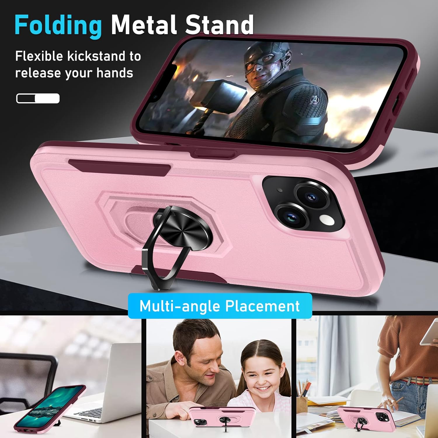 Janmitta Funda de metal con soporte para iPhone 14, con protector de pantalla de vidrio templado paquete de 2, resistente a prueba de golpes, funda