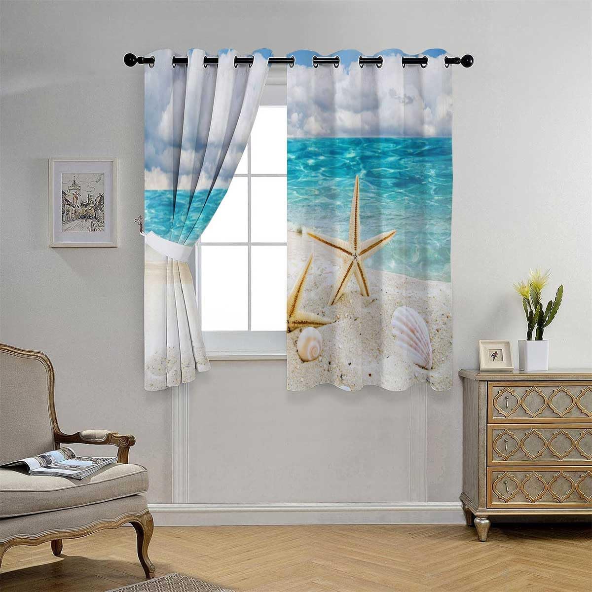 YANFENQI Cortinas para Habitacion Blackout Beach Seashells Coast Scenery Accordion Room Divider Acoustic Fabric 55Inch Width by 72Inch Length,2