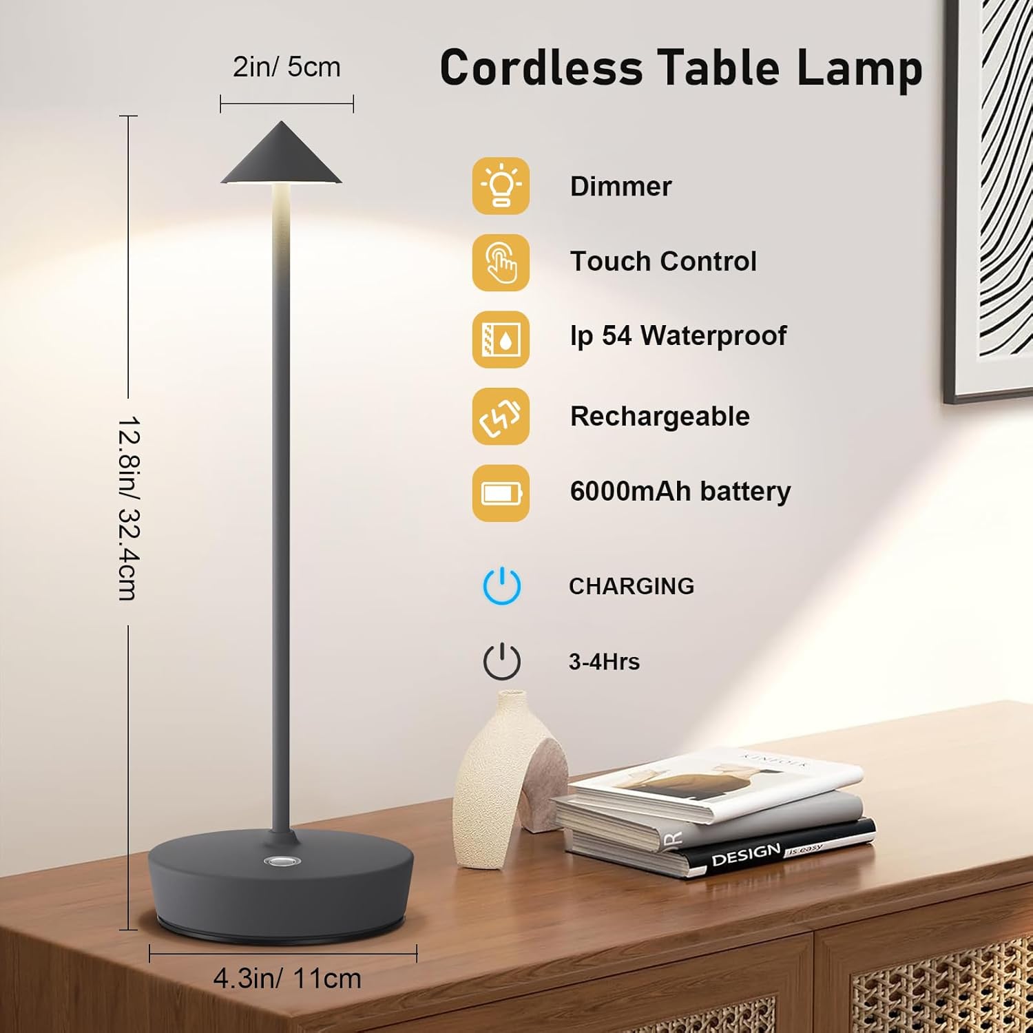 Juego de 2 lámparas de mesa inalámbricas recargables, 6000 mAh LED, funciona con pilas, lámpara de escritorio con control táctil, atenuación