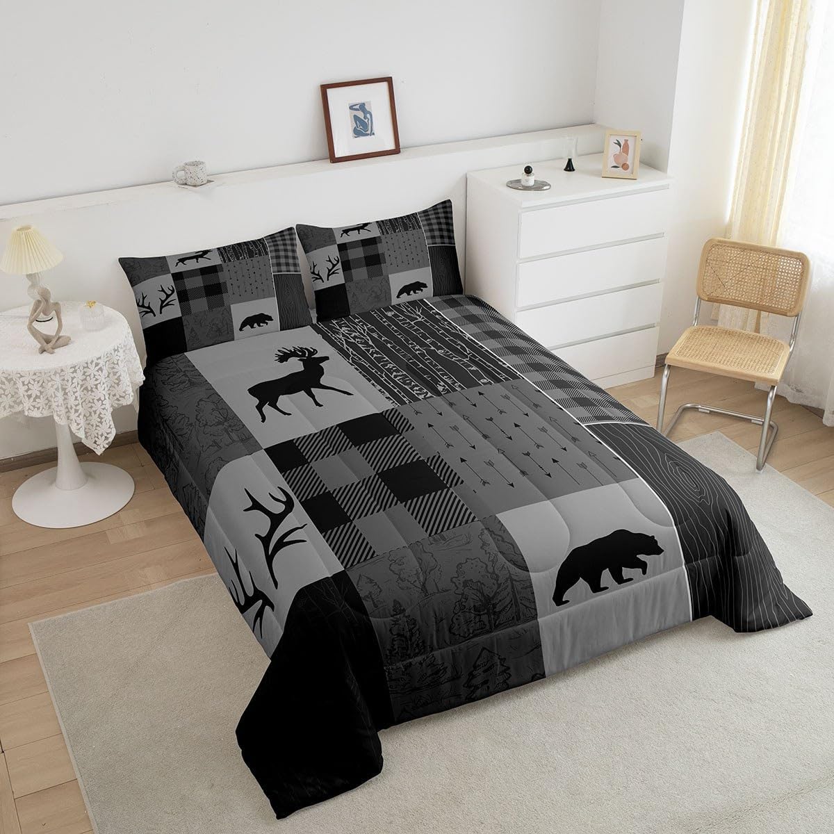 Castle Fairy Juego de edredón de ciervos con cuernos de ciervo, juego de ropa de cama tamaño individual, juego de ropa de cama de caza con flechas