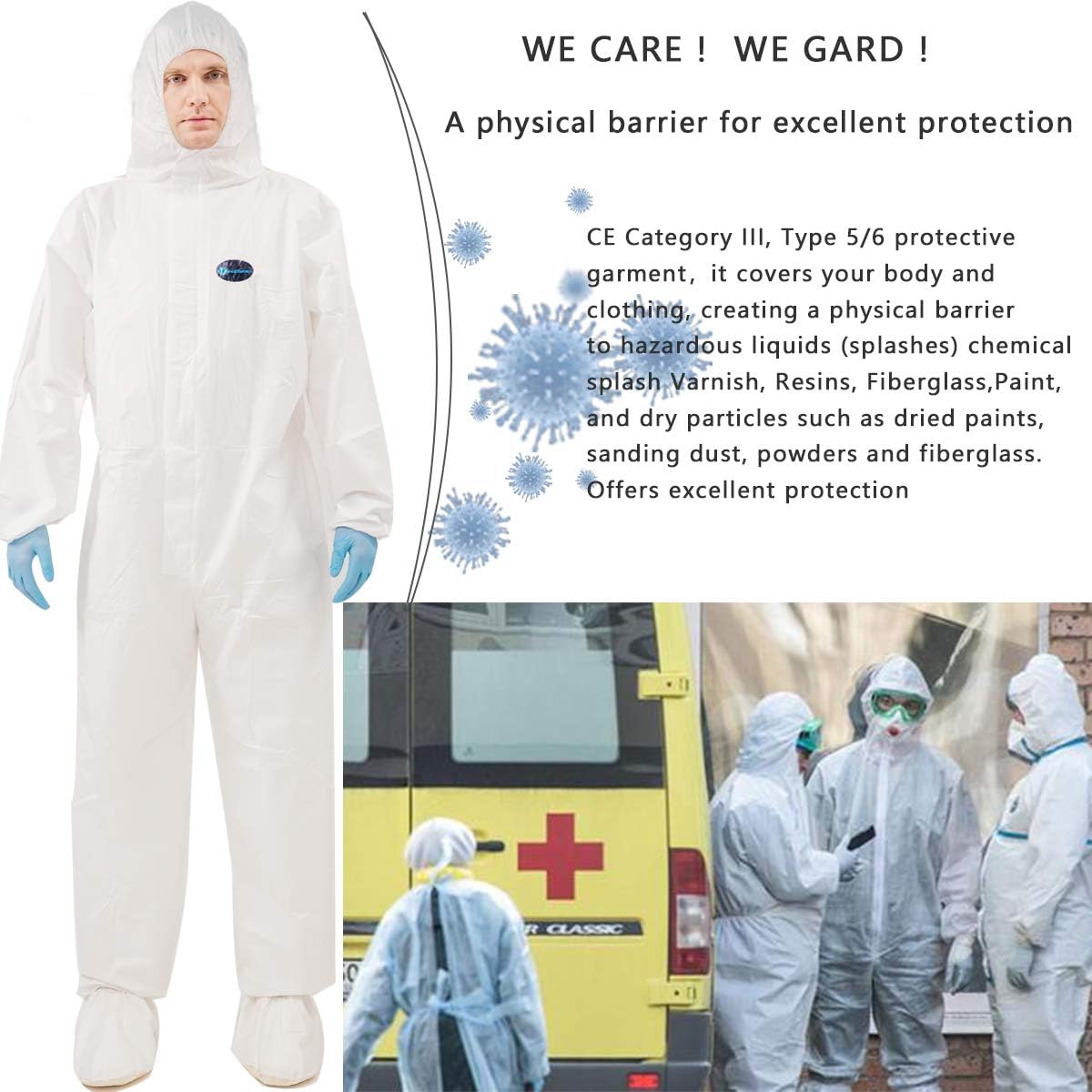Vicogard – Overol protector desechable, cintura elástica con cremallera frontal y puños para tobillos, traje de aislamiento SMS con capucha para