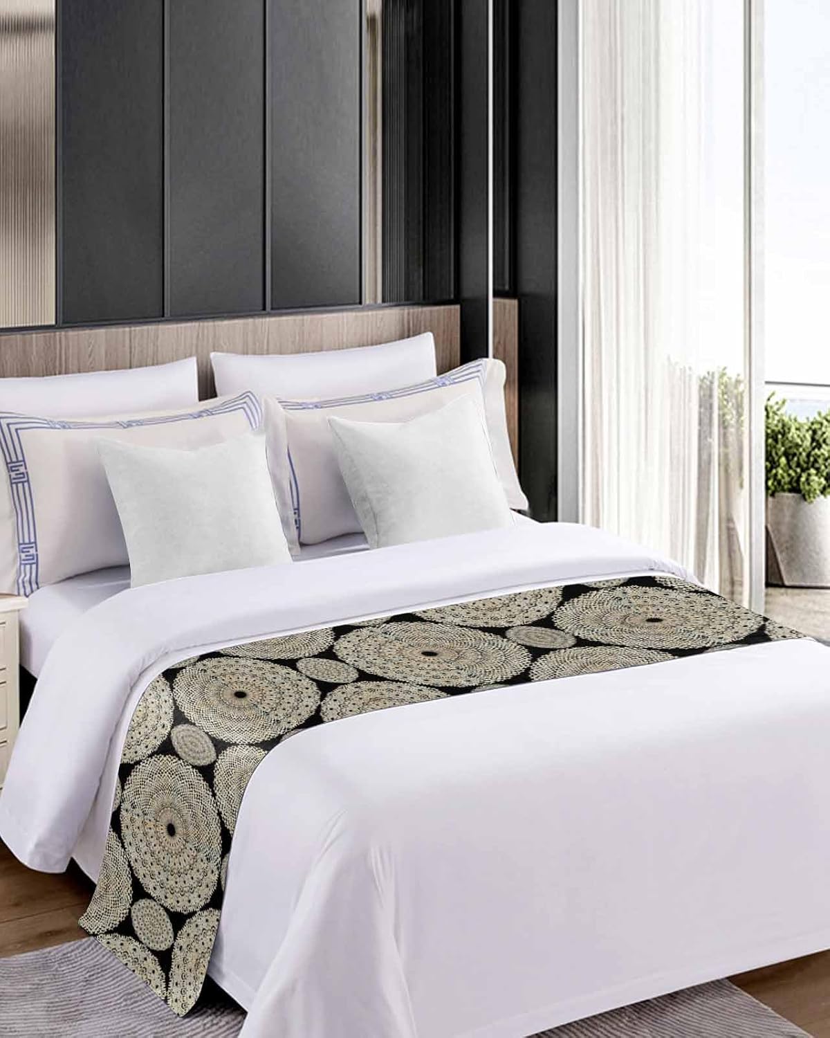 Caminos de cama geométricos bohemios para cama de tamaño Queen, mantas decorativas para pie de cama, color negro clásico moderno arte abstracto,