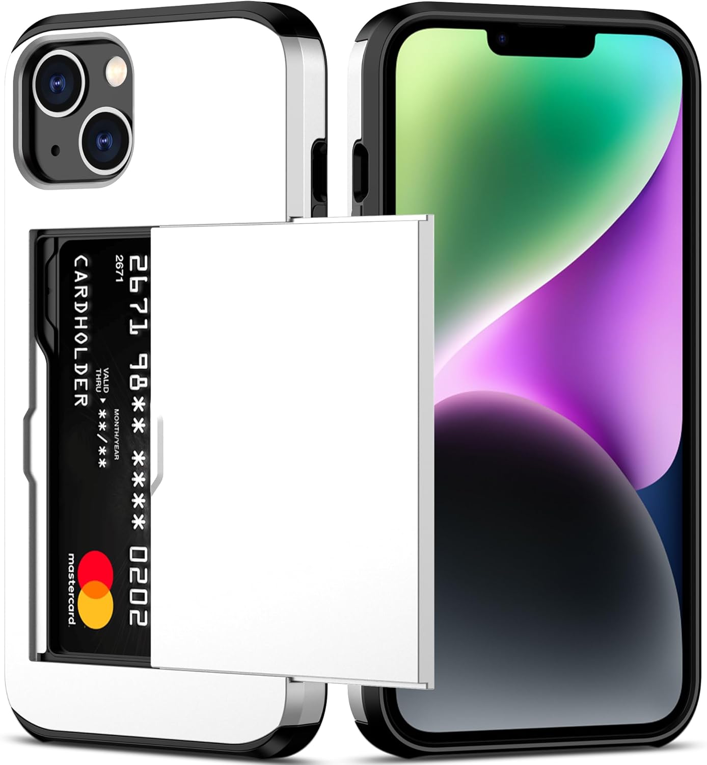 Nvollnoe Funda protectora resistente de doble capa para iPhone 14 Plus con tarjetero y ranura para tarjeta oculta, a prueba de golpes, funda delgada