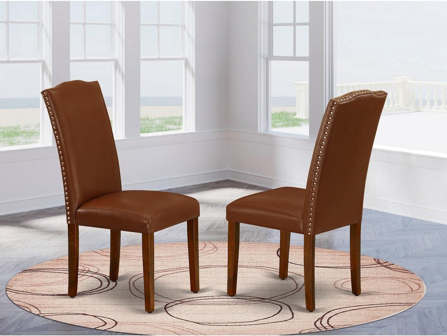 East West Furniture ENP3T66 Encinal Parsons – Juego de 2 sillas tapizadas de piel sintética marrón con ribete de cabeza de clavo, color caoba