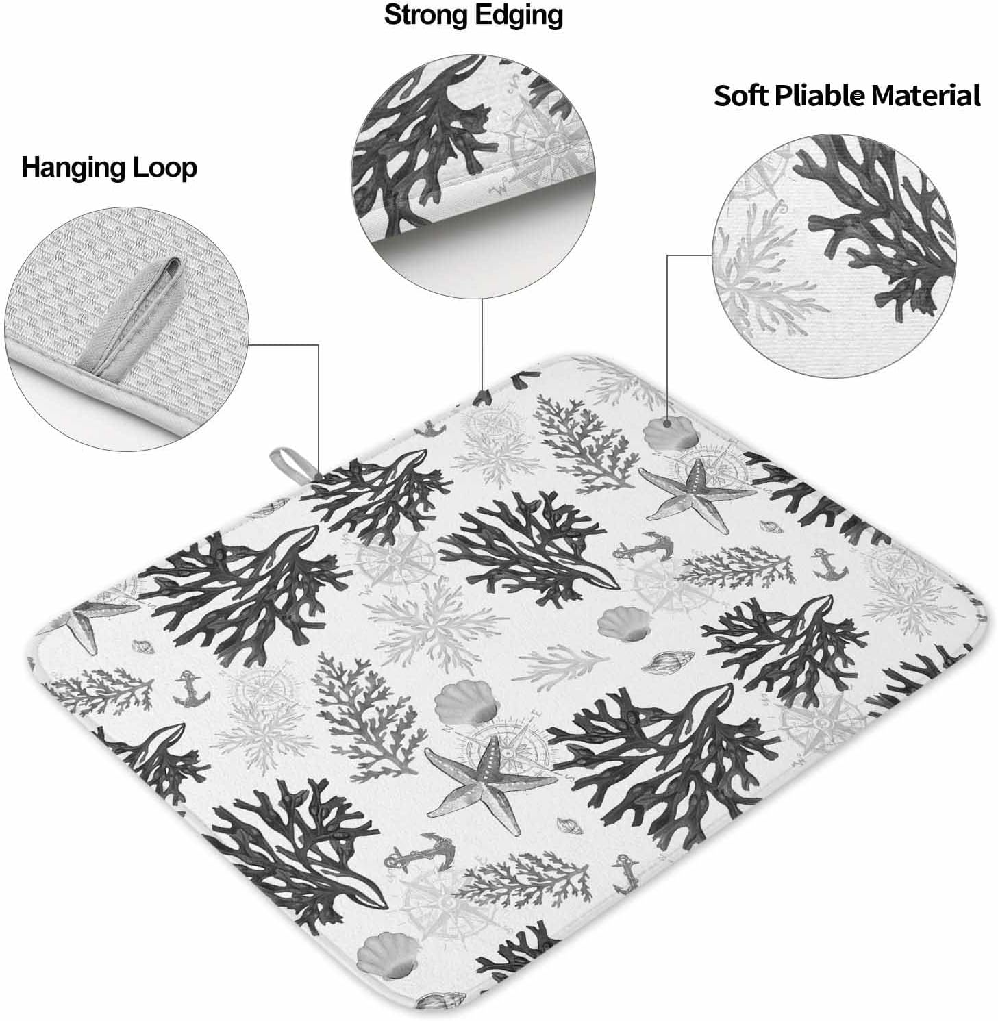 Tapete de secado de platos costero negro y gris para encimera de cocina, tapete de secado de platos de coral de playa, tapete de cocina de secado de