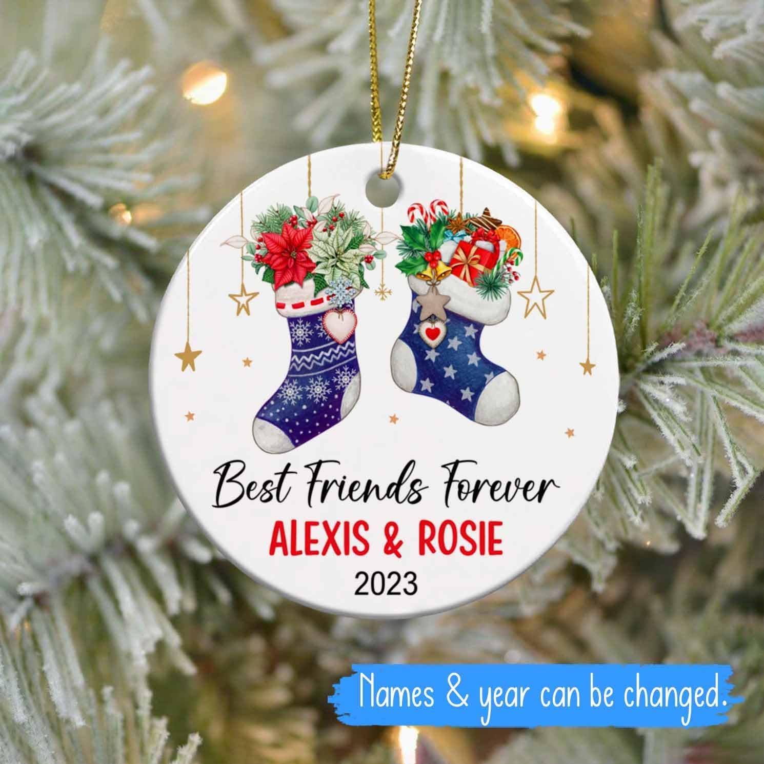 Adorno personalizado para mejores amigos para siempre, nombres personalizados y Año BFF, vacaciones de Navidad, calcetines de amigos, adorno de