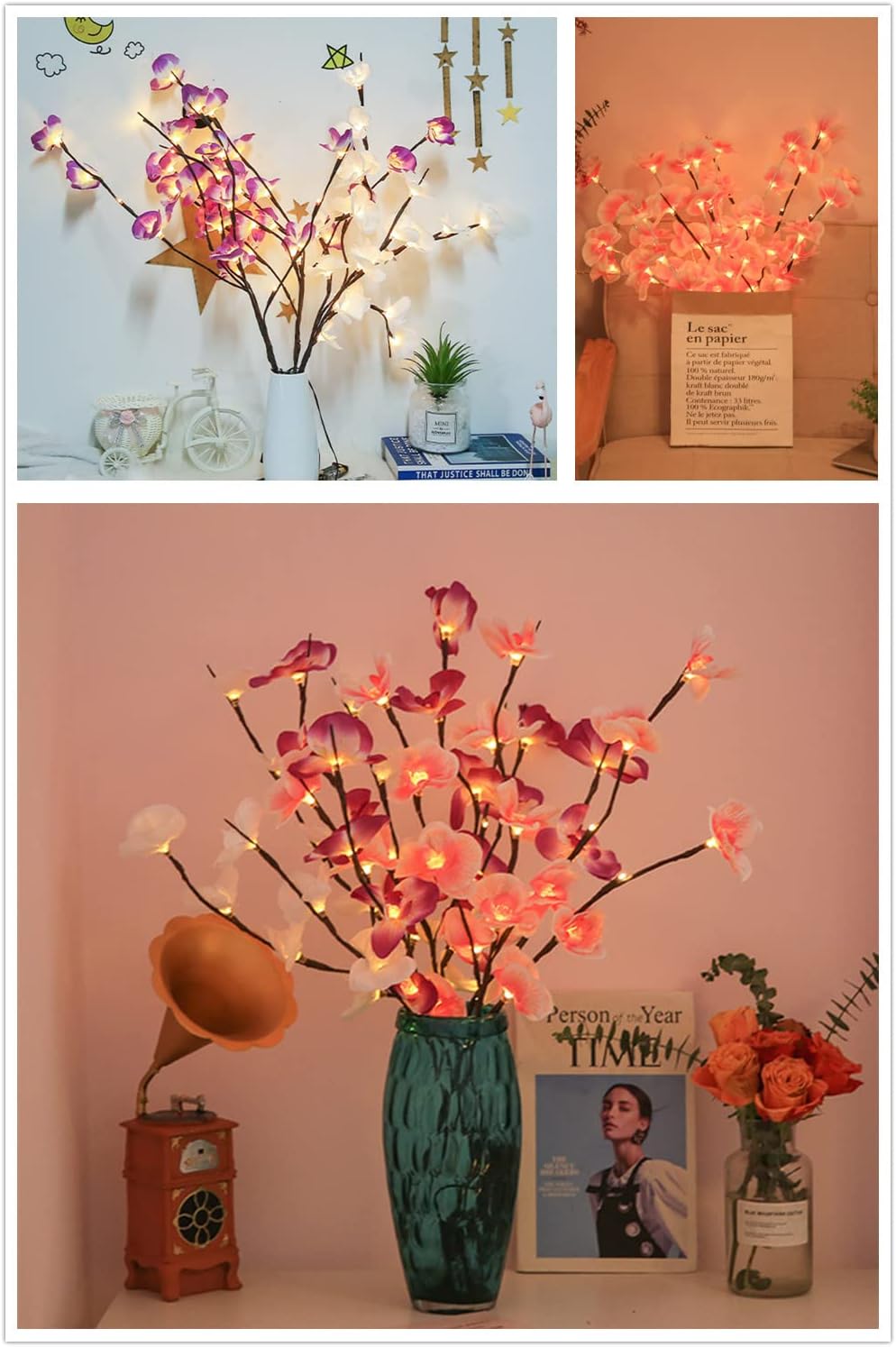 Fantasee Luces de ramita de orquídea, 20 luces LED artificiales de rama de Phalaenopsis alimentadas por pilas, luces de decoración de ramas