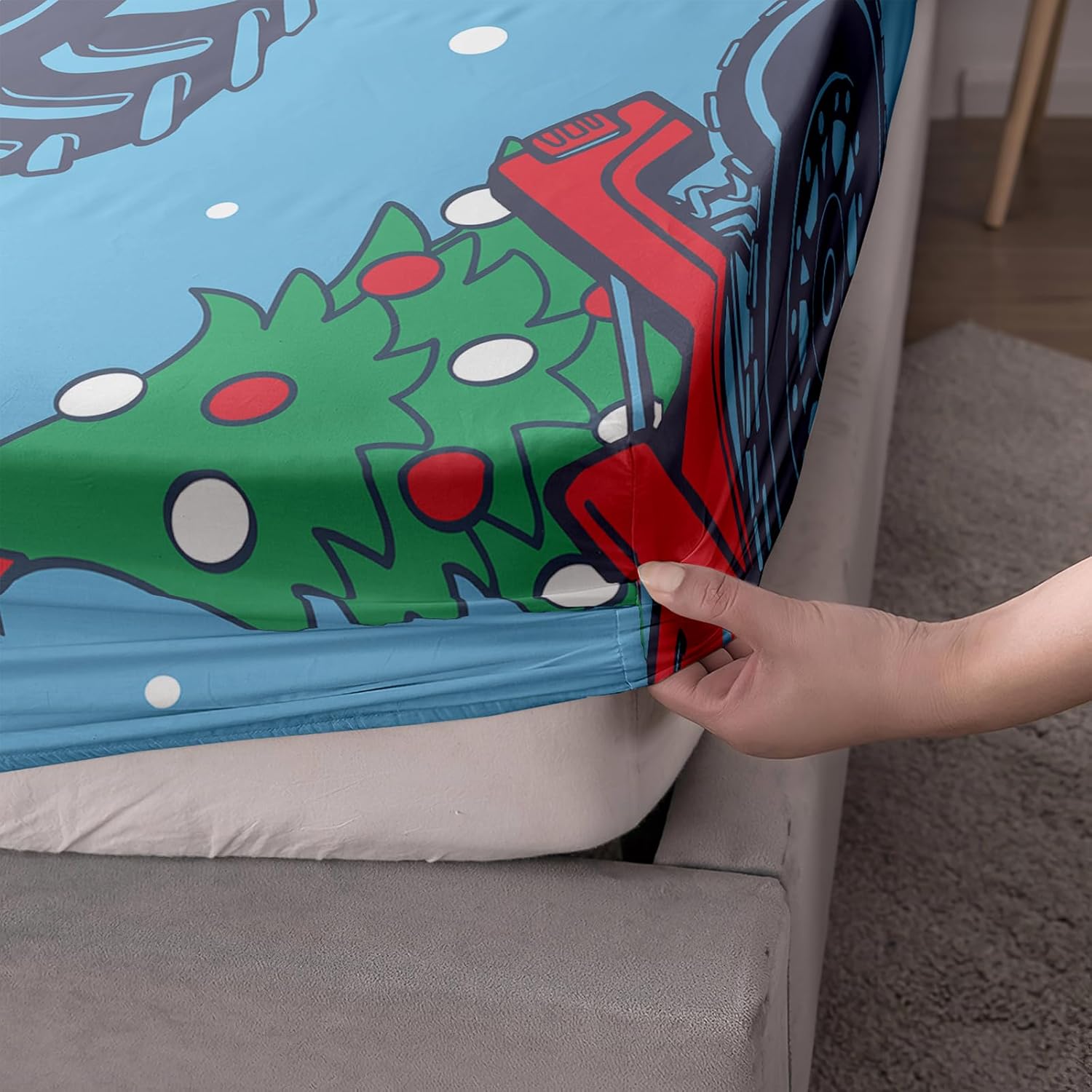 Juego de sábanas de camión, tamaño individual, juego de sábanas para niños, ropa de cama con estampado de camión de árbol de Navidad, ultra suave,