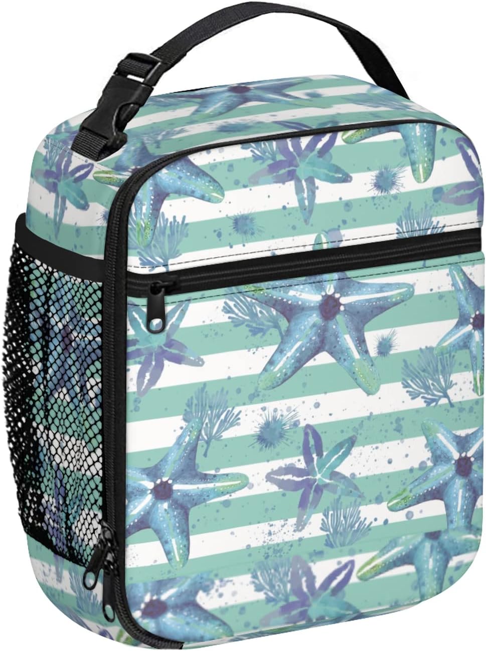 Lonchera con diseño de estrellas de mar y playa, con diseño de rayas azules, aislada, a prueba de fugas, reutilizable, para mujeres, hombres,