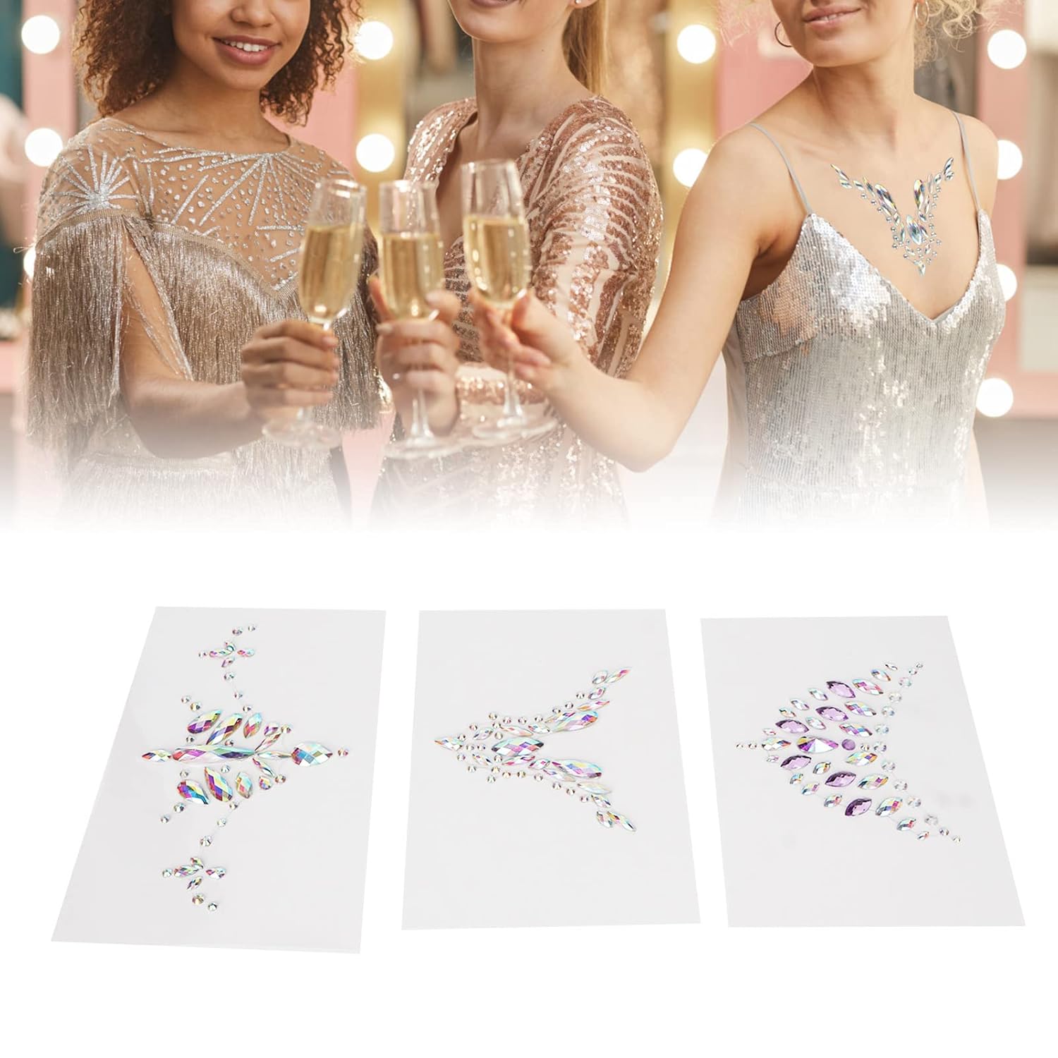 Tatuaje de joyas de cara de pecho de diamantes de imitación, joyas de gemas para la cara y conjunto de calcomanías para el cuerpo del pecho,