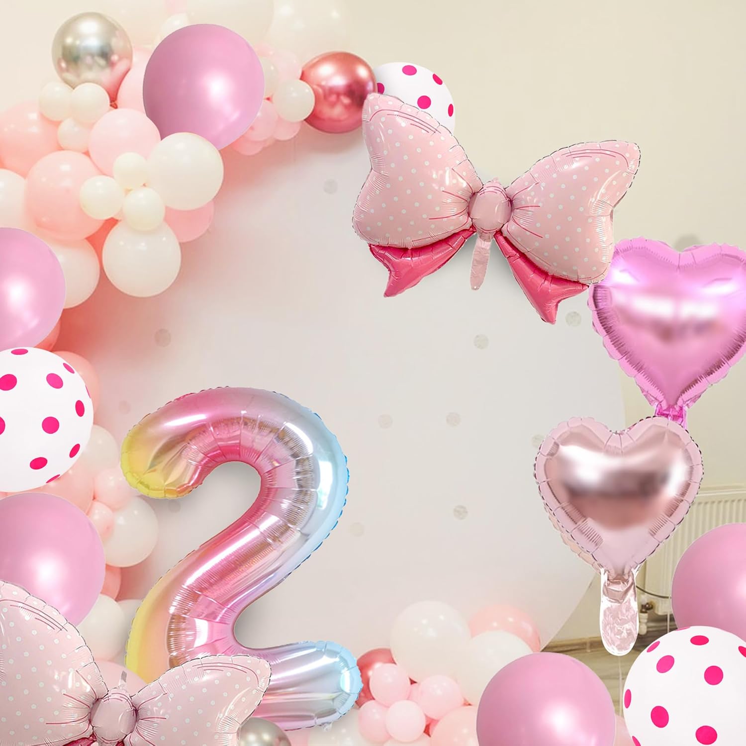 14 globos de fiesta de ratón con lazo rosa, globos metálicos de papel de aluminio rosa intenso, incluye globo de cumpleaños número 2, arco rosa,