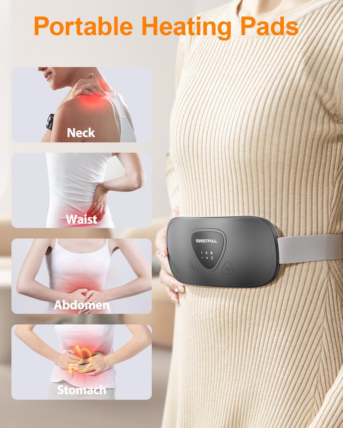 SWEETFULL Portable Heating Pad Cordless, Electric Menstrual Heating Pads with 3 Heat Levels and 3 Massage Modes, Waist Belt, 2000mAh Rechargeable,