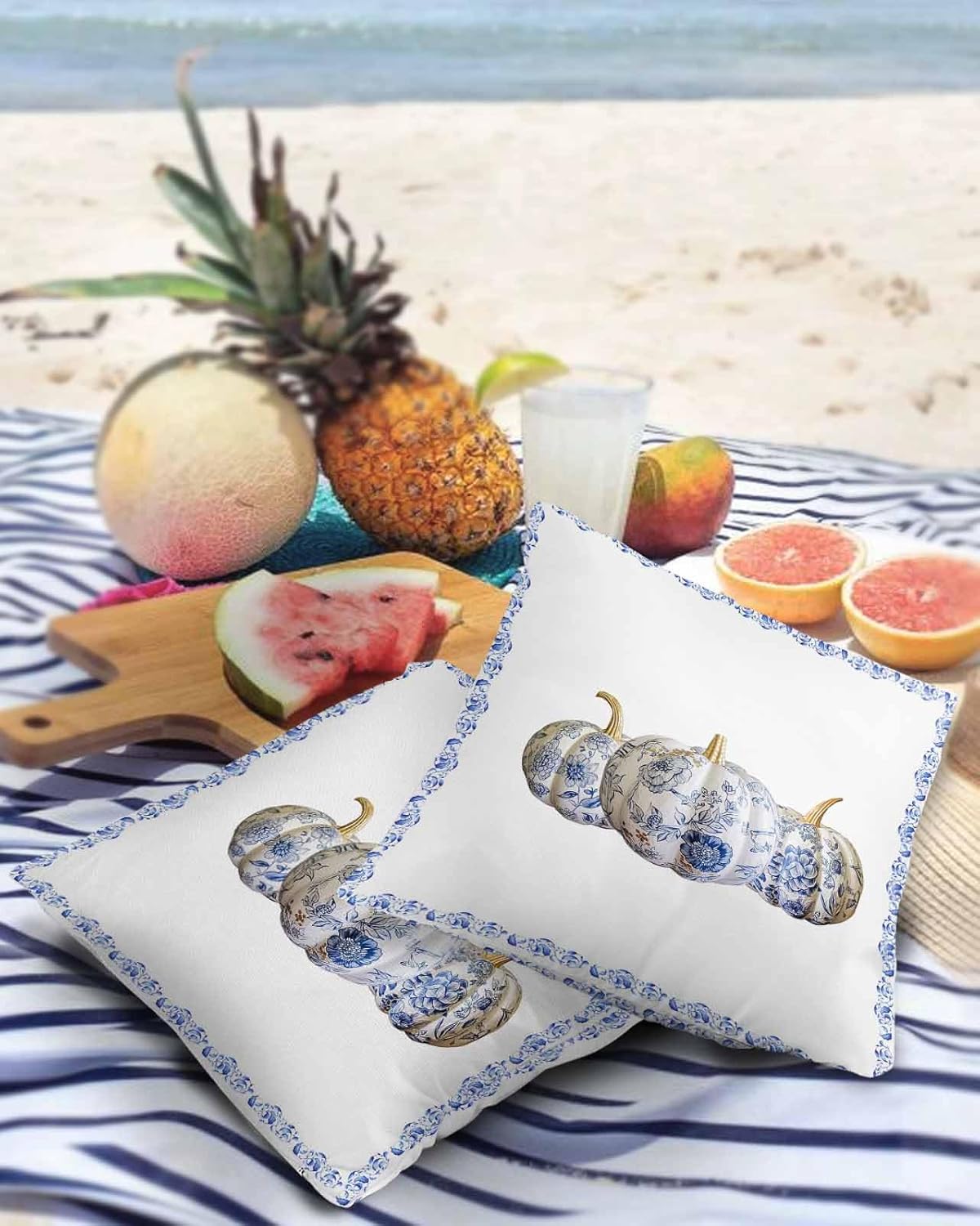 Chinoiserie – Juego de 2 fundas de almohada de porcelana impermeables para sofá, fundas de almohada decorativas de cosecha de otoño y verduras de 18