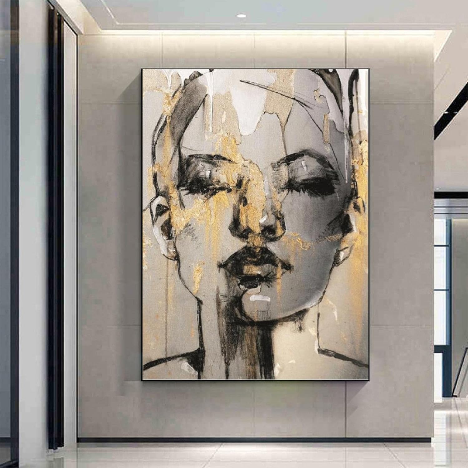 Pintura de arte moderno, lienzo negro con retrato de belleza, impresión en lienzo para sala de estar, marco negro, decoración de pared, 31 x 57