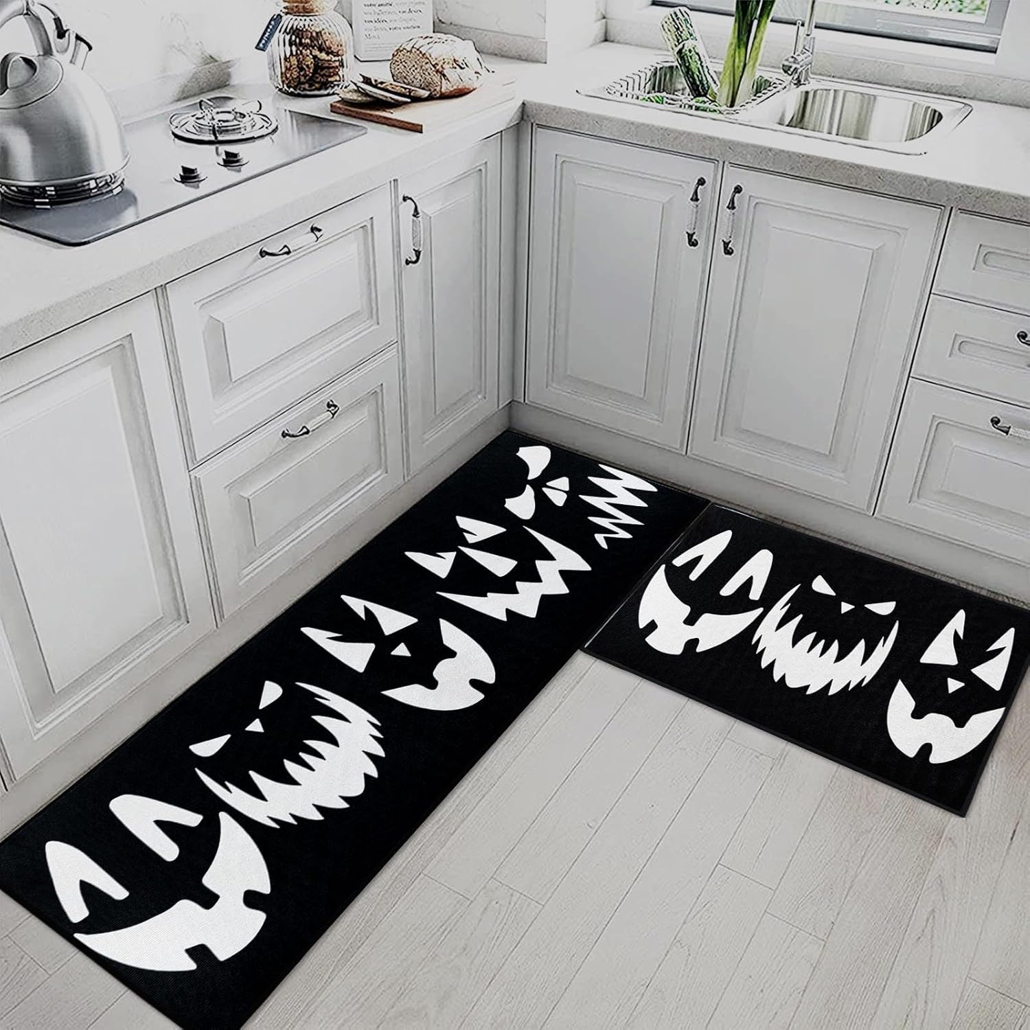 Juego de 2 alfombras y tapetes de cocina de Halloween, antideslizantes, lavables, caras de calabaza de Halloween, tapetes de cocina para piso,