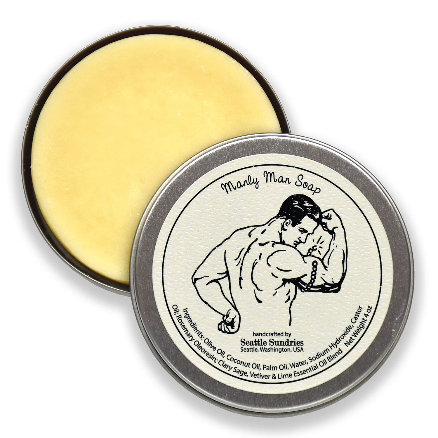 Barra de jabón Manly Manly Man, 1 jabón natural hecho a mano para hombre en una lata de regalo de bajo desperdicio, aroma masculino clásico, regalo