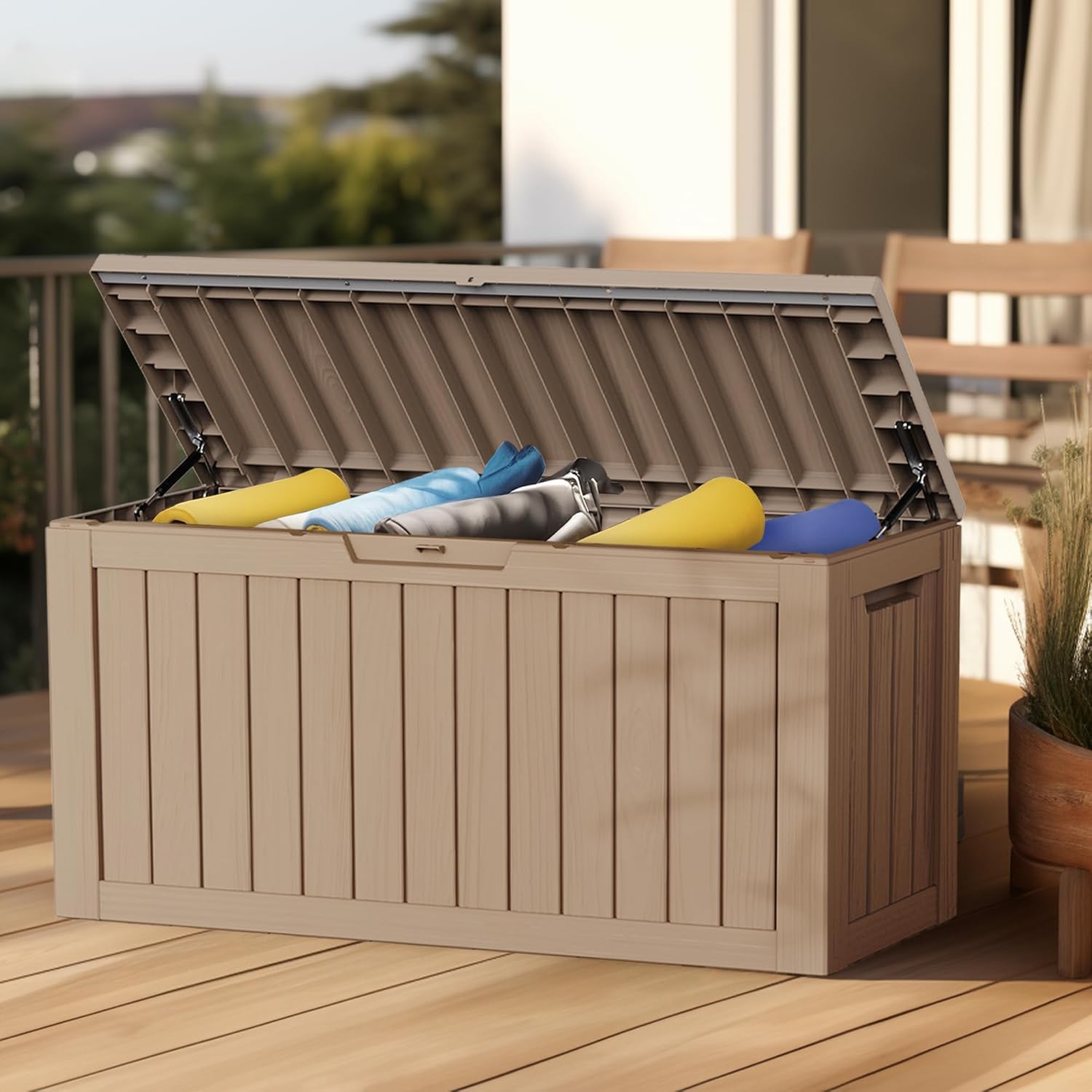 Caja de almacenamiento para exteriores de 80 galones, muebles de patio, herramientas de jardín, cojines, accesorios de piscina, caja de resina con