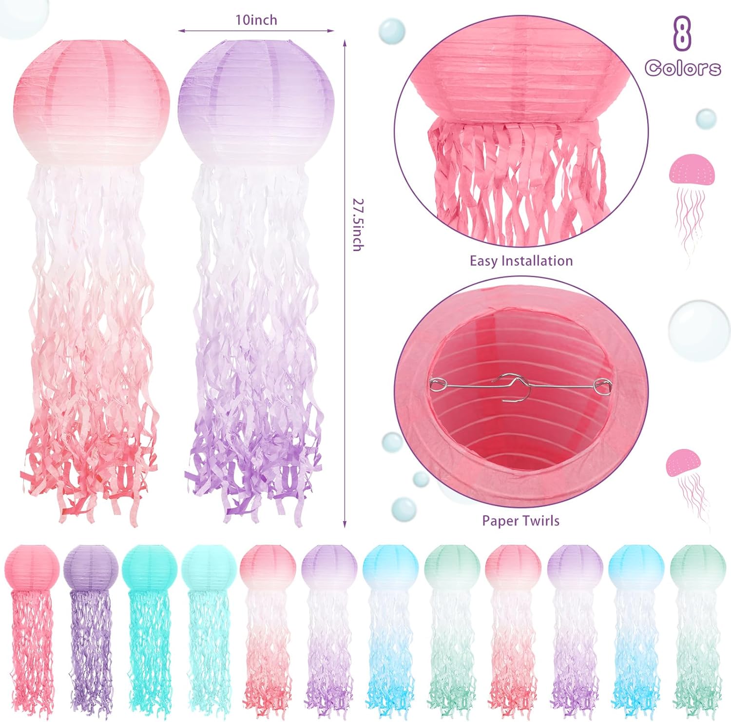 Retisee Juego de 12 linternas de papel de medusas, faroles colgantes de sirena bajo el mar, decoraciones para fiestas de cumpleaños, temática de
