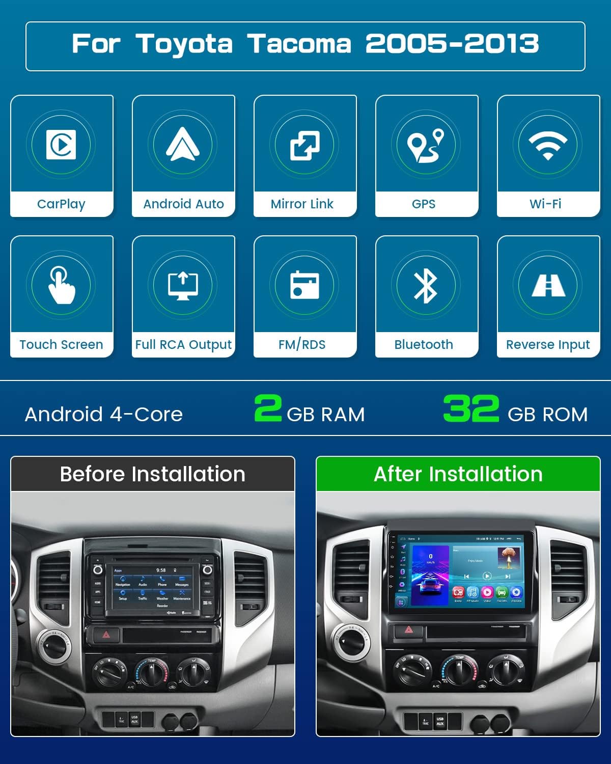 Roinvou Estéreo Android CarPlay 2+64G para Toyota Tacoma 2005-2013, CarPlay inalámbrico integrado con Android Auto, pantalla táctil de 9 pulgadas en