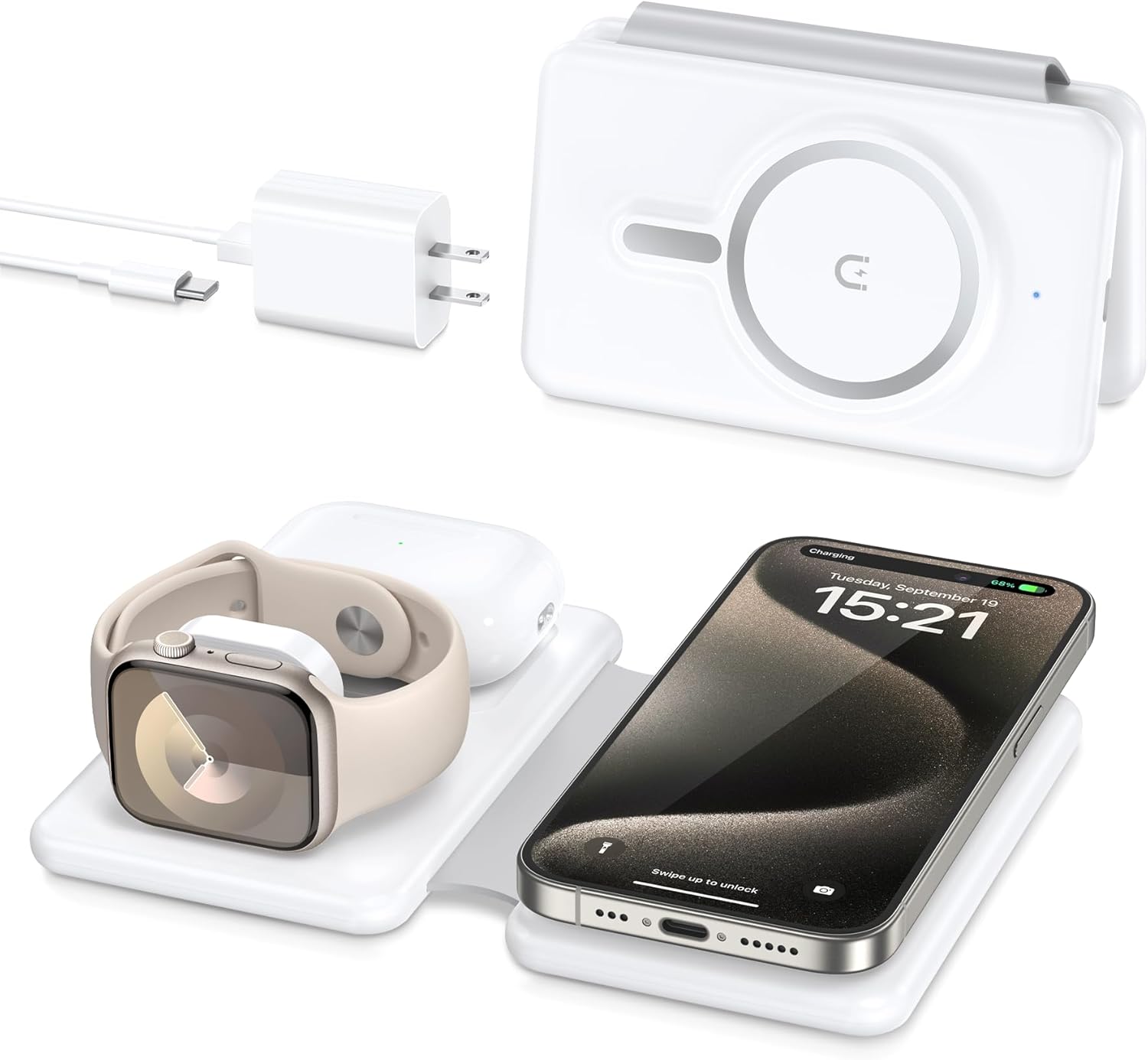 Cargador inalámbrico magnético para iPhone estación de carga de viaje 3 en 1 para dispositivos Apple para iPhone 15 14 13 12 Pro Max Plus –
