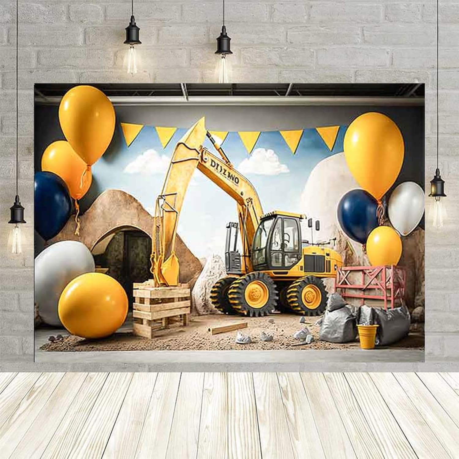 Globos 3D para excavadora, fiesta de cumpleaños, telón de fondo de construcción, tema de construcción, excavadora, grúa, fondo de fotos para fiesta