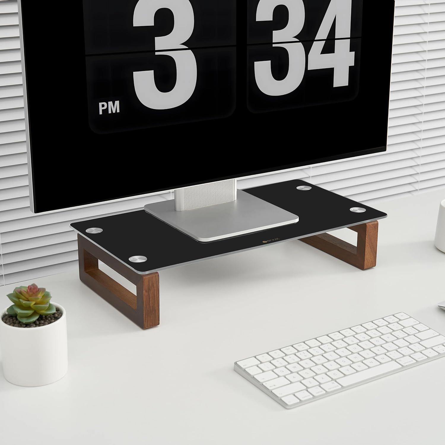 YEOUX Soporte elevador de cristal negro para monitor de computadora con base de madera para pantalla plana LCD, TV LED, portátil, impresora, soporte