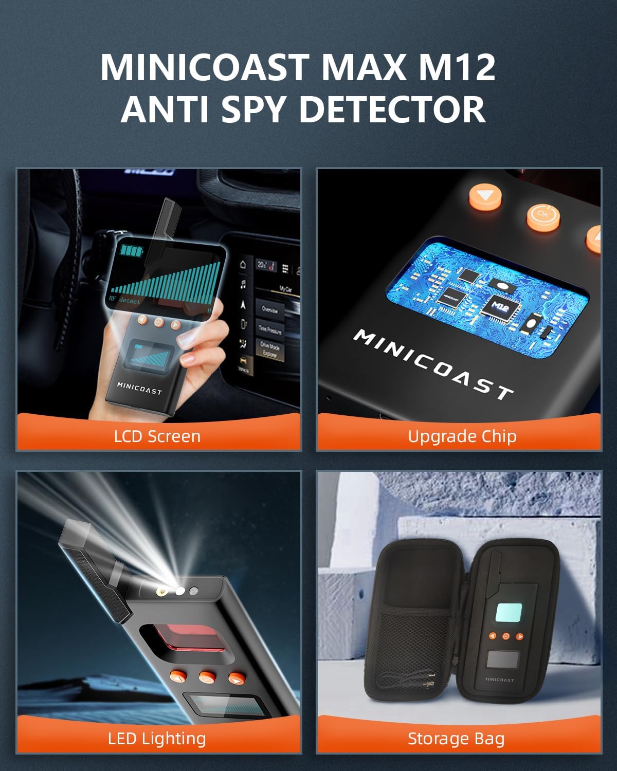MINICOAST MAX M12 – Detectores de cámara oculta, detector anti espía de alta sensibilidad con alarma antirrobo, 6 modos profesionales, detector de