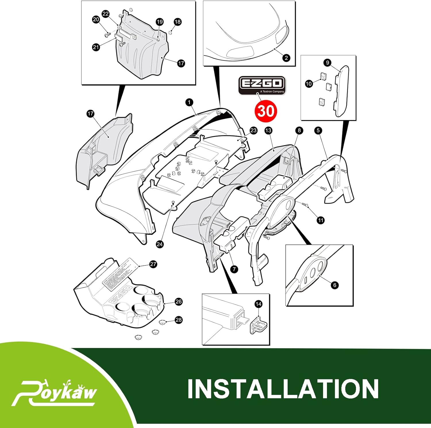 Roykaw EZGO RXV – Placa de identificación frontal para carrito de golf para modelos eléctricos y de gas 2008 en adelante, reemplaza al OEM # 606405