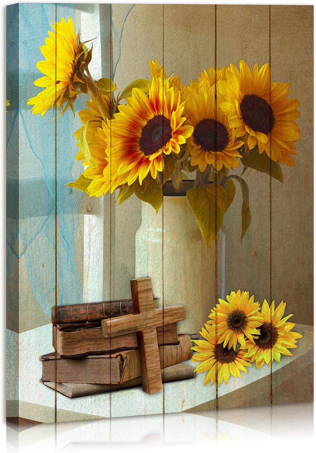 Typruye Lienzo decorativo para pared, diseño de girasoles, símbolo de cruz de madera, inspirador, decoración del hogar para sala de estar,
