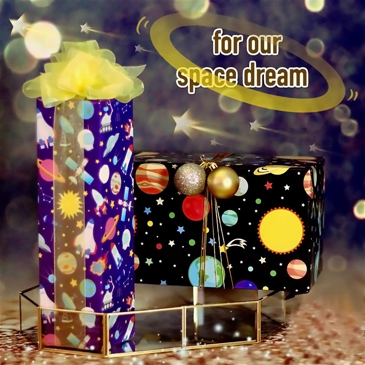 PLULON 6 hojas de papel de regalo de cumpleaños, diseño del espacio exterior para niños, regalo de fiesta de cumpleaños y baby shower