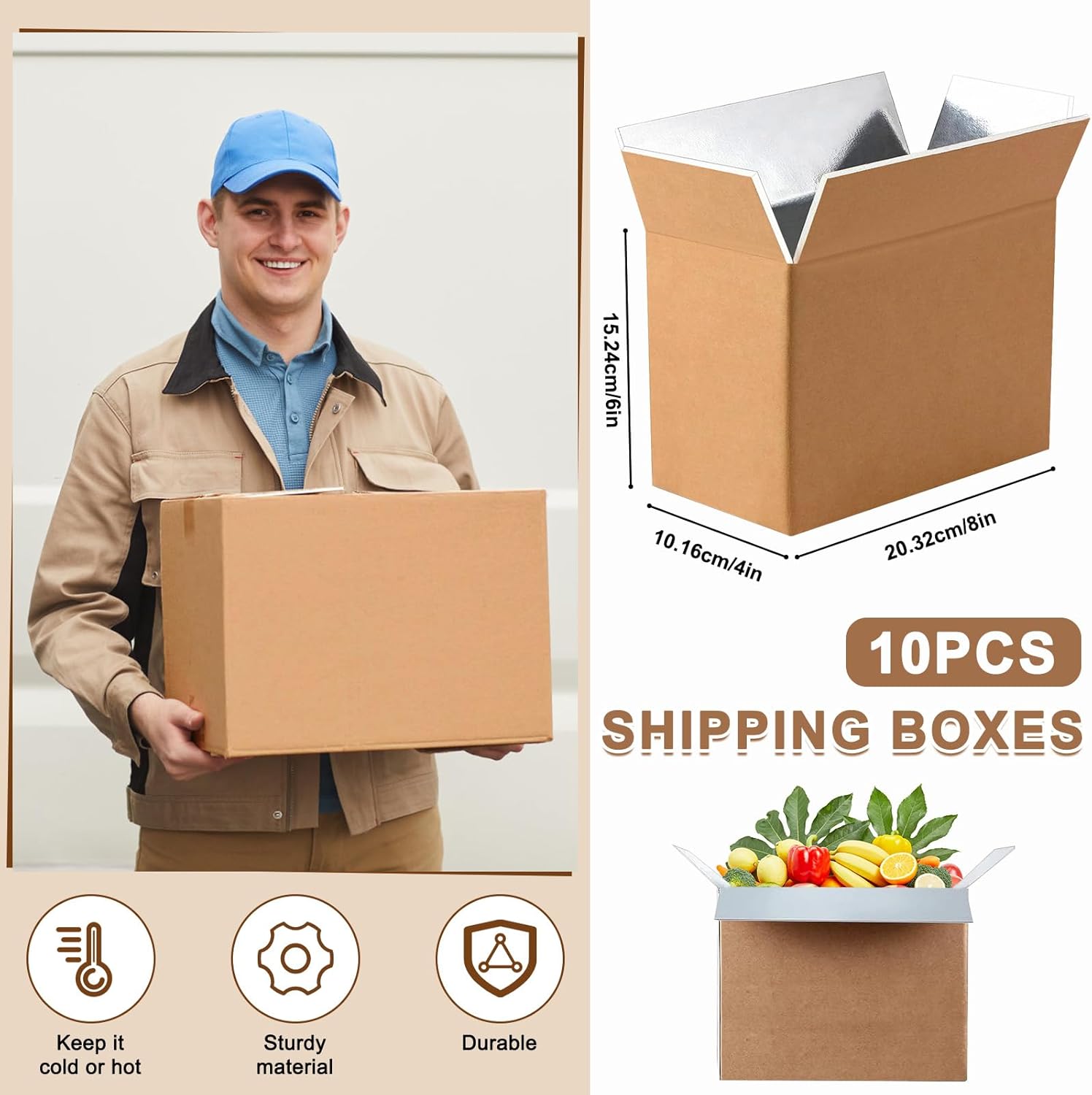 10 cajas de envío aisladas con forro de papel de aluminio, caja de envío térmica térmica para envío de alimentos congelados, caja enfriadora