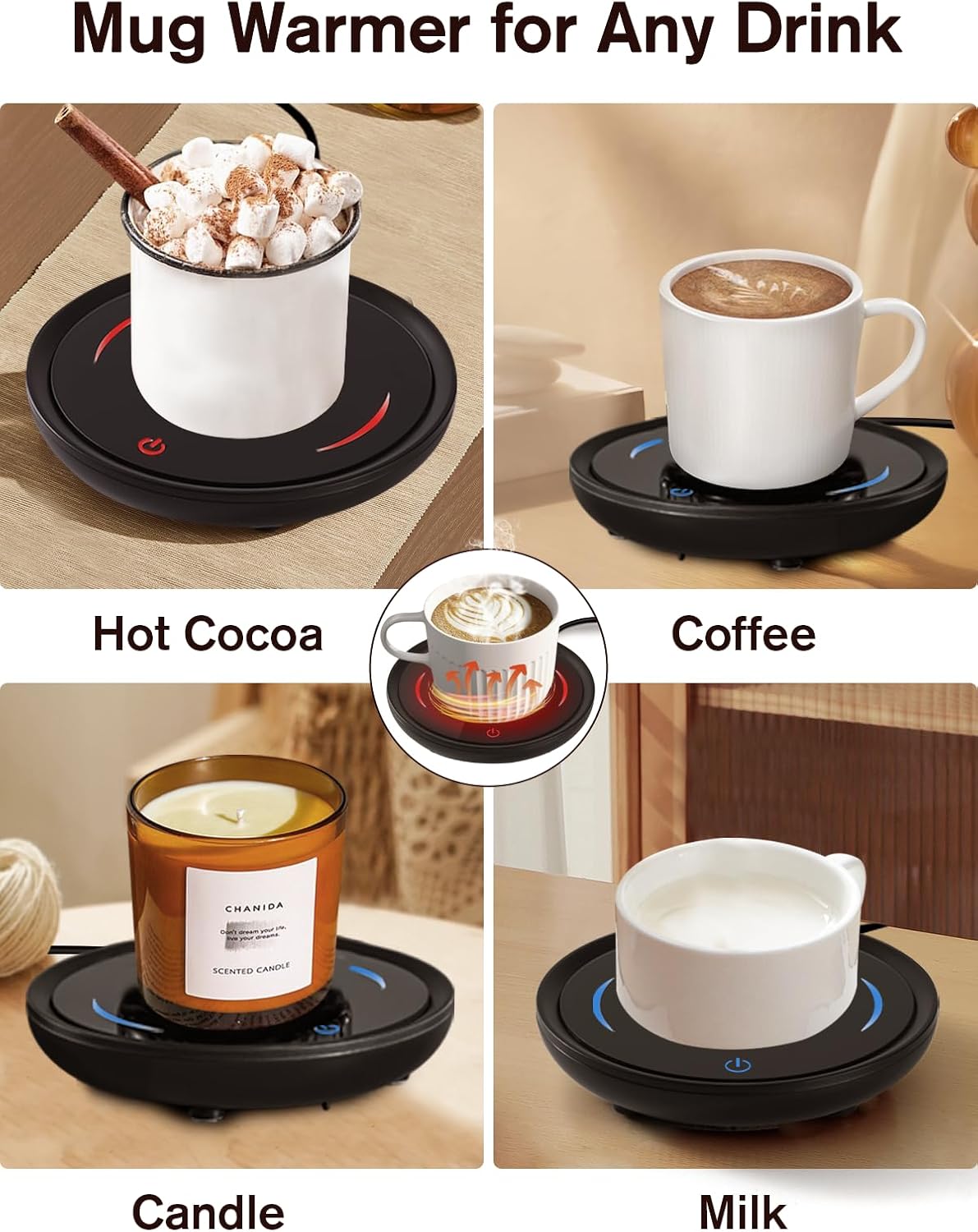 PUSEE Plato calentador de velas grande con 2 ajustes de temperatura, calentador de taza de café con apagado automático, calentador de cera de