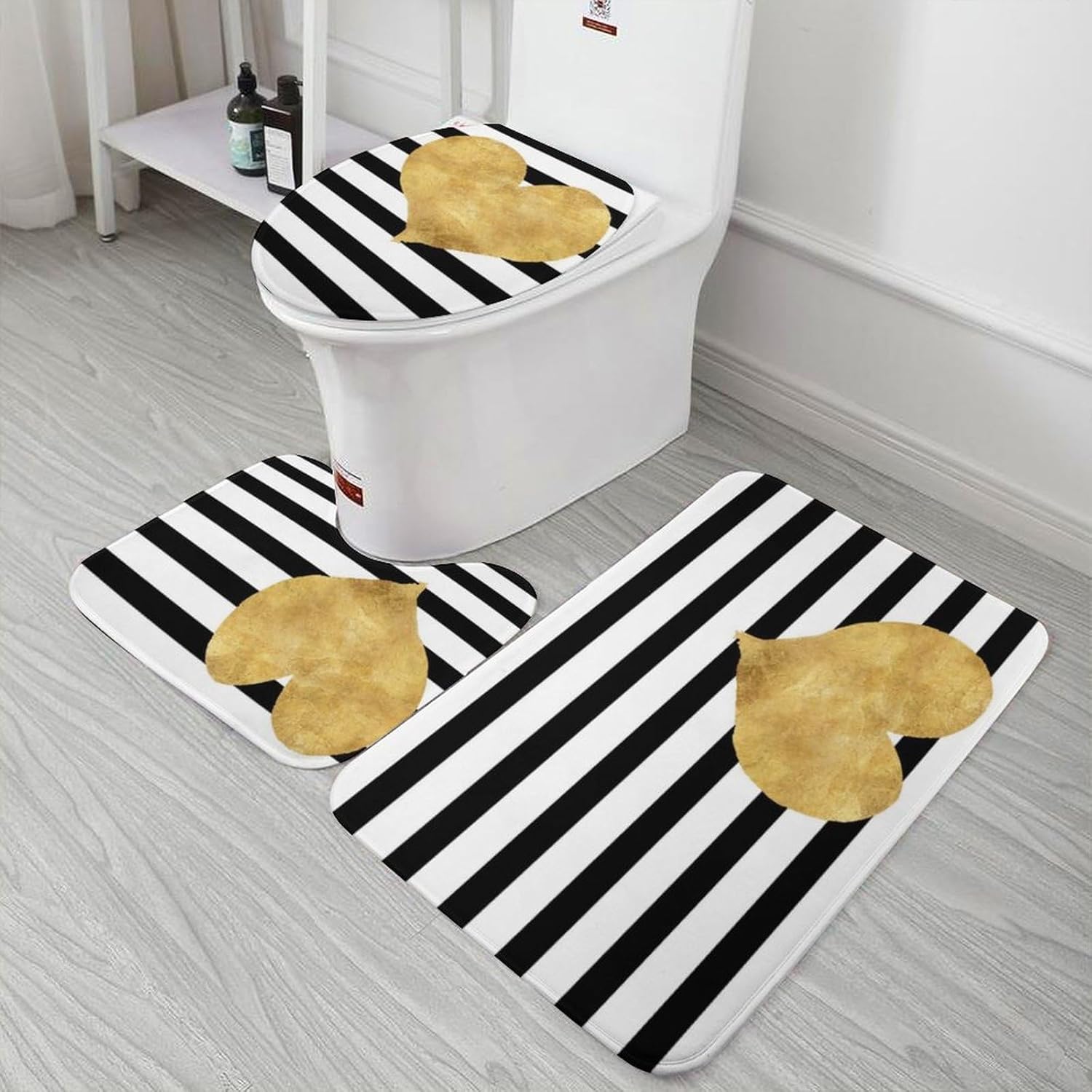 Juego de alfombras de baño de 3 piezas, ultra suaves y antideslizantes, a rayas blancas y negras con corazón dorado, alfombra de baño absorbente con