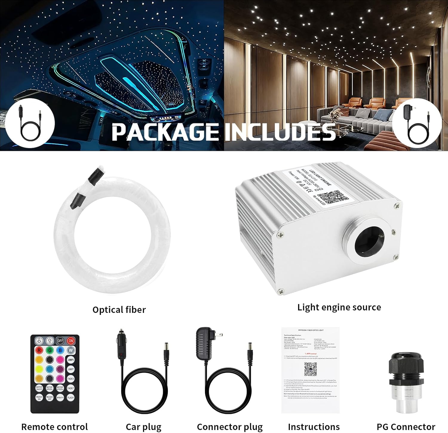 Kit de luces de fibra óptica, luces de cielo de techo de estrella de 10 W, RGBW parpadeantes y efecto de música para el hogar y el automóvil, luz de