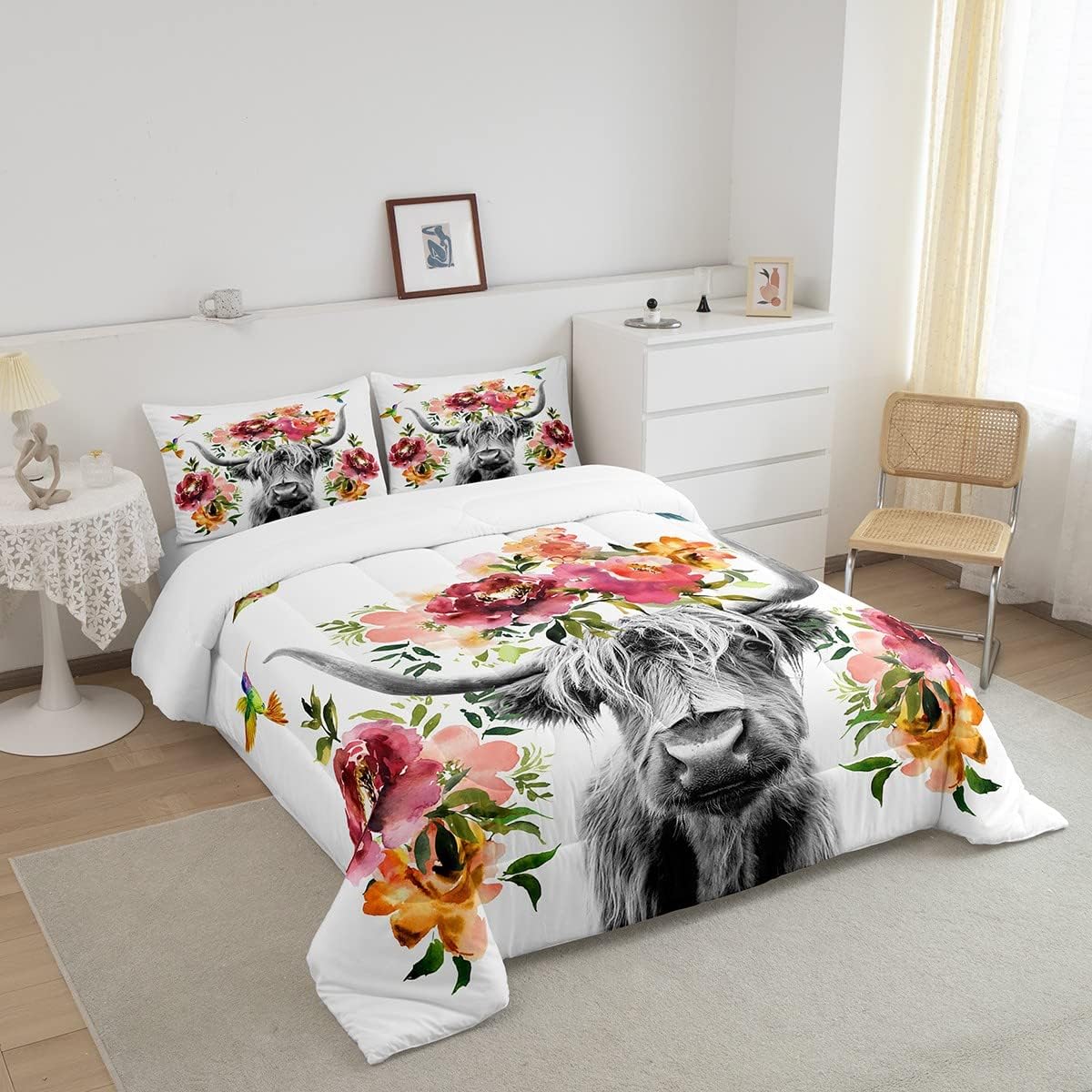 Erosebridal Highland Cow – Juego de edredón floral de tamaño matrimonial, juego de ropa de cama de flor de ganado toro, vida silvestre, granja,