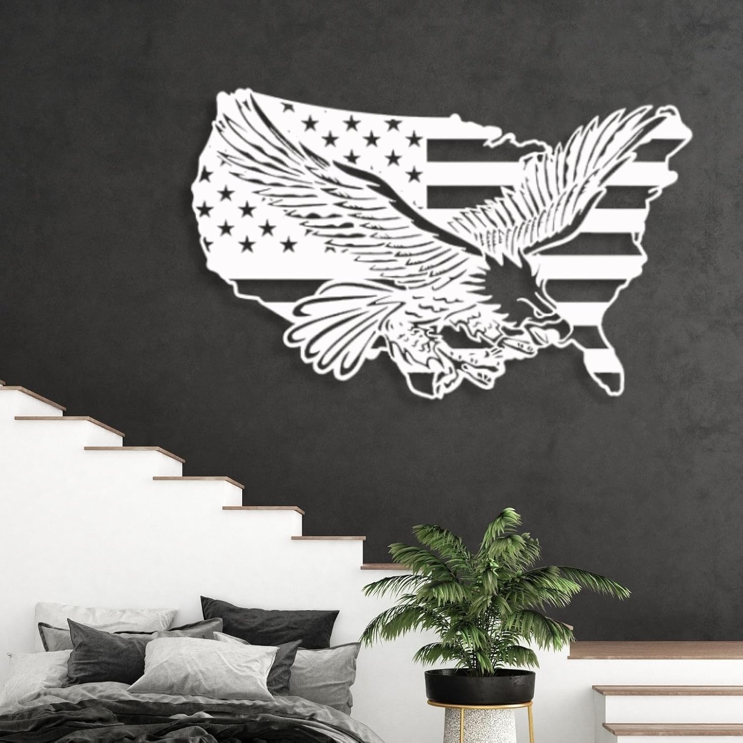 Arte de pared de metal con águila de águila, arte de pared de metal con águila calva, decoración de pared de águila de metal de gran tamaño, bandera