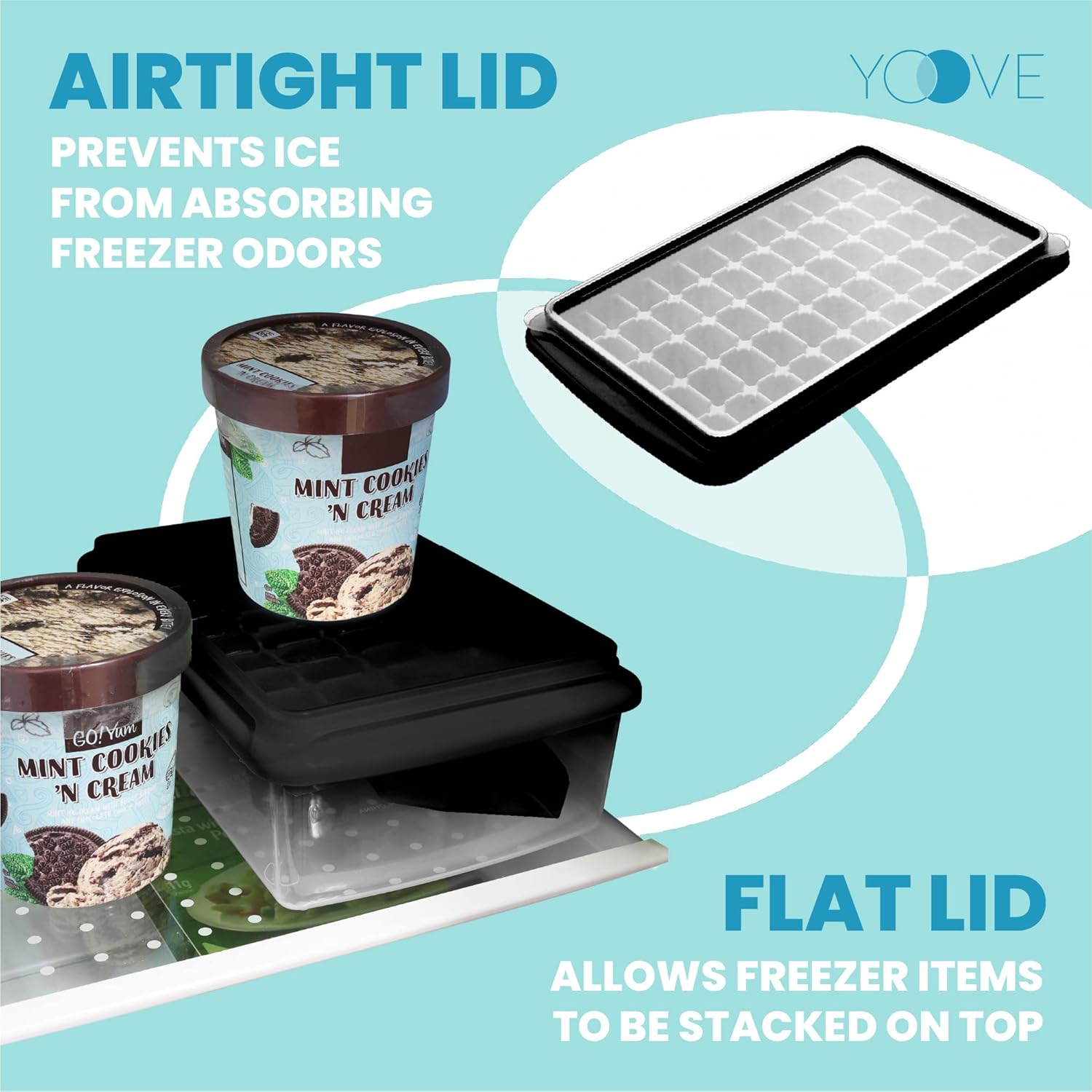 Yoove Juego de bandejas de silicona para cubitos de hielo, incluye tapa antiderrames, cubo con tapa y cuchara, sin BPA, fácil de liberar, bandeja de
