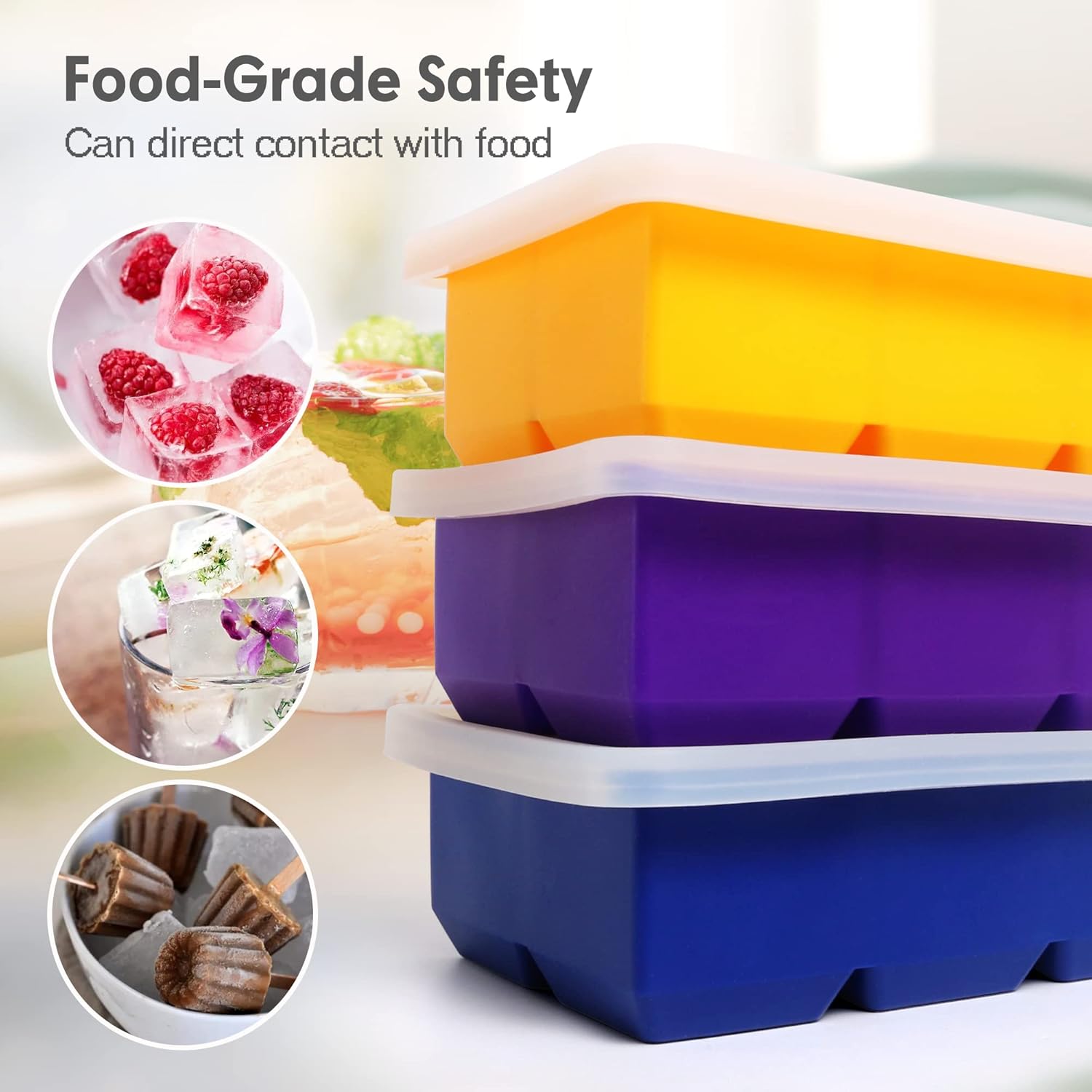 Paquete de 3 bandejas para cubitos de hielo, moldes de silicona de gran tamaño con tapas extraíbles, reutilizables y sin BPA para whisky, cóctel,