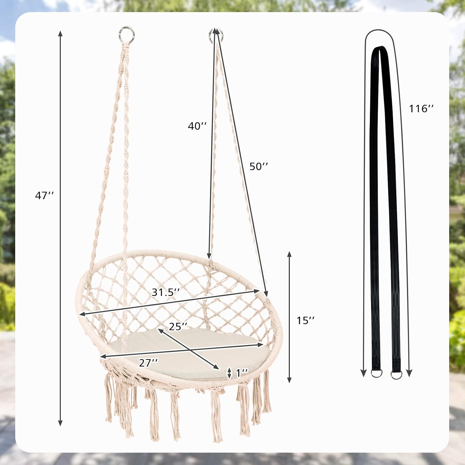 Tangkula Silla hamaca con cojín, estilo bohemio de macramé con kit de accesorios para colgar y correa, columpio de cuerda colgante para interiores y