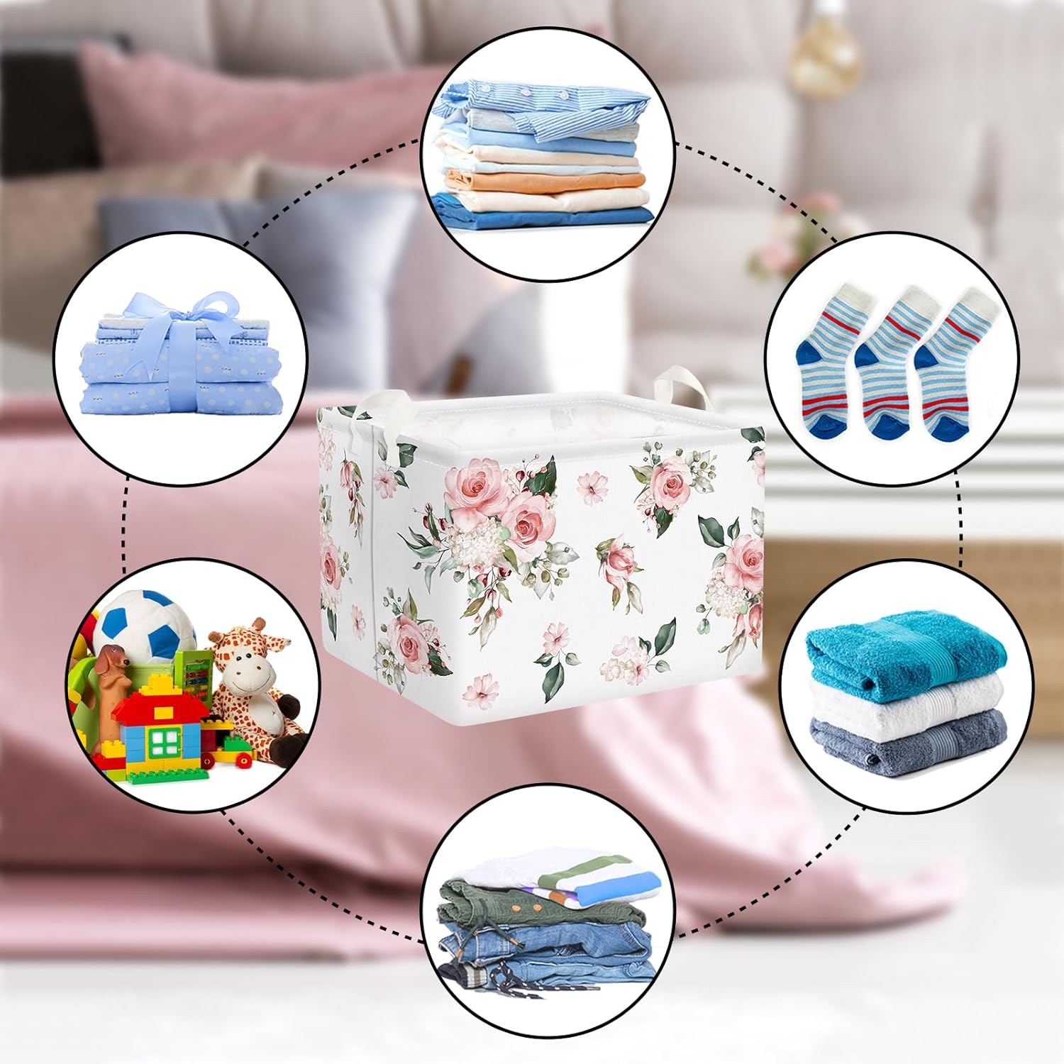 Clastyle Cesta floral rectangular para niña, color rosa, para ropa, juguetes, libros, aperitivos